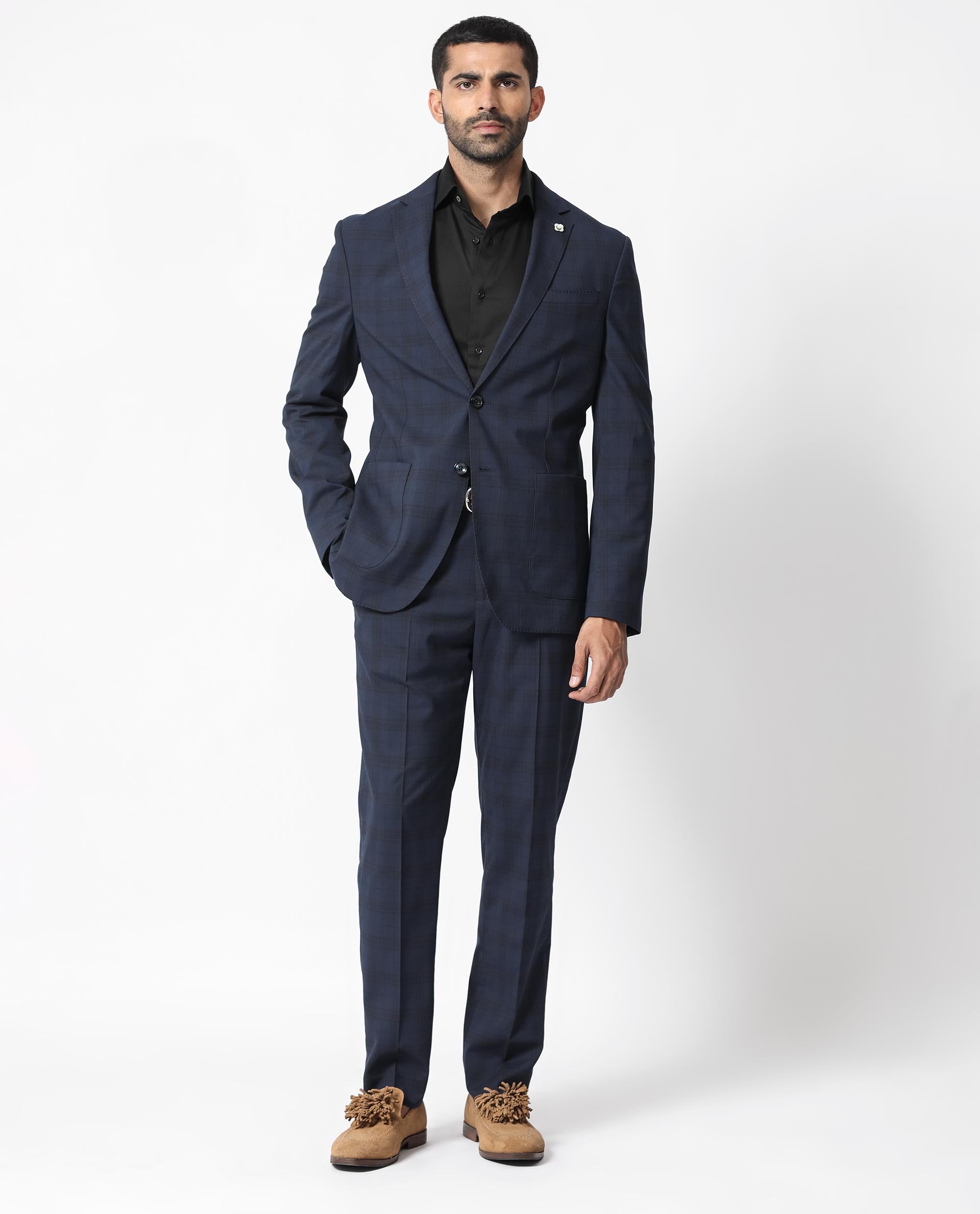 Rare Rabbit Men's Mack Dark Navy Polyester Viscose Fabric Notch Lapel Button Closure Single Breasted Dupplin Checks Suits