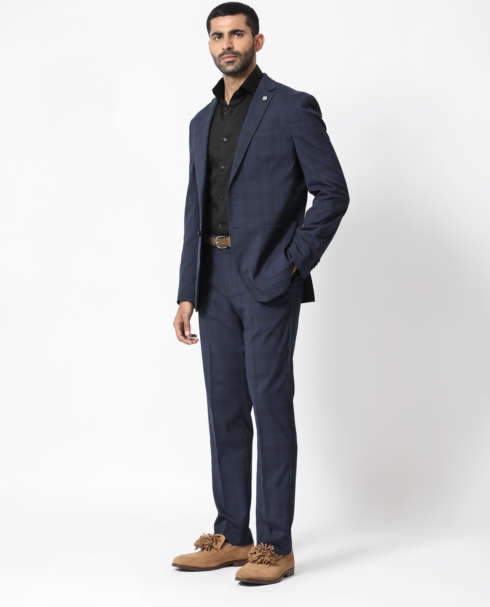 Rare Rabbit Men's Mack Dark Navy Polyester Viscose Fabric Notch Lapel Button Closure Single Breasted Dupplin Checks Suits