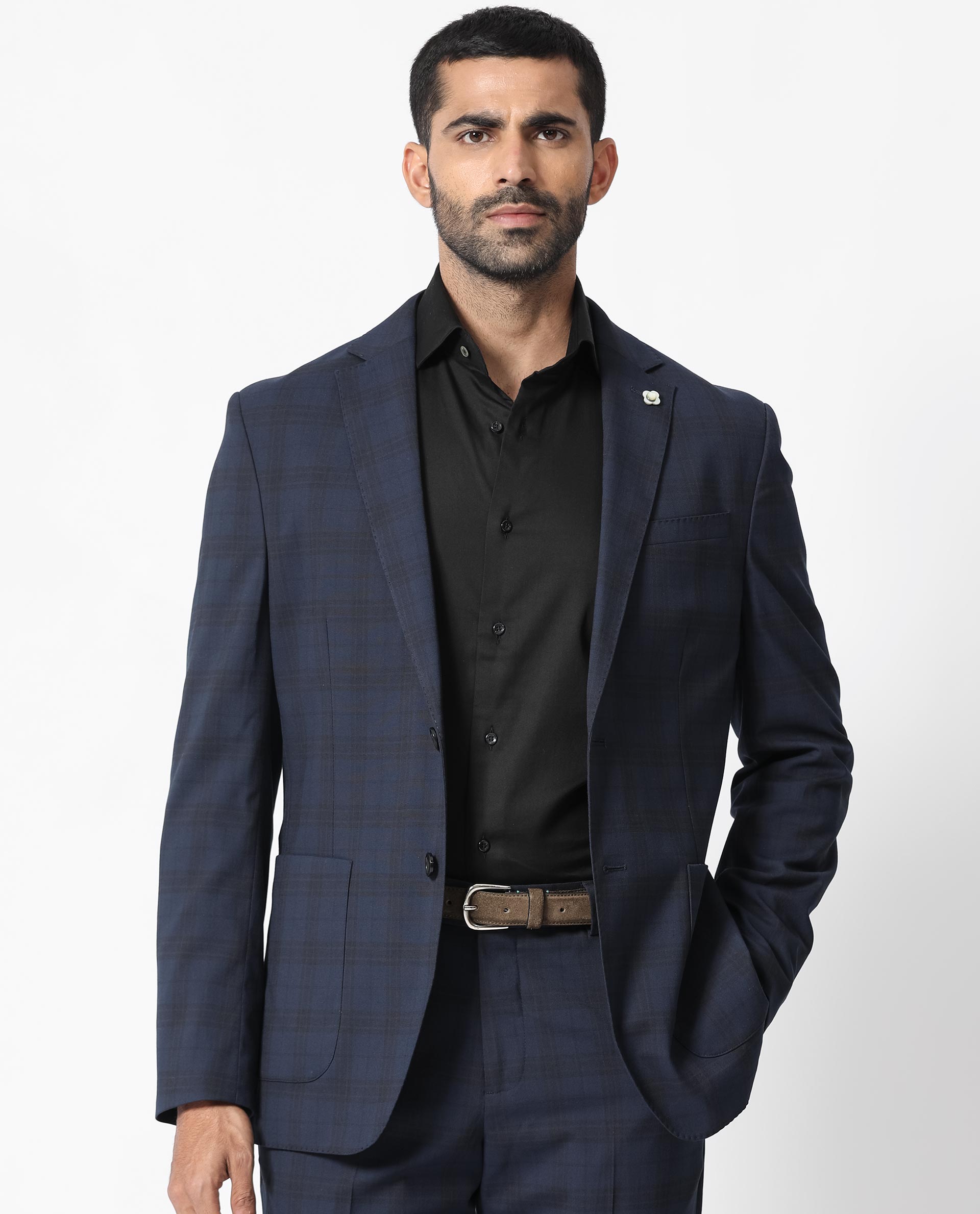 Rare Rabbit Men's Mack Dark Navy Polyester Viscose Fabric Notch Lapel Button Closure Single Breasted Dupplin Checks Suits