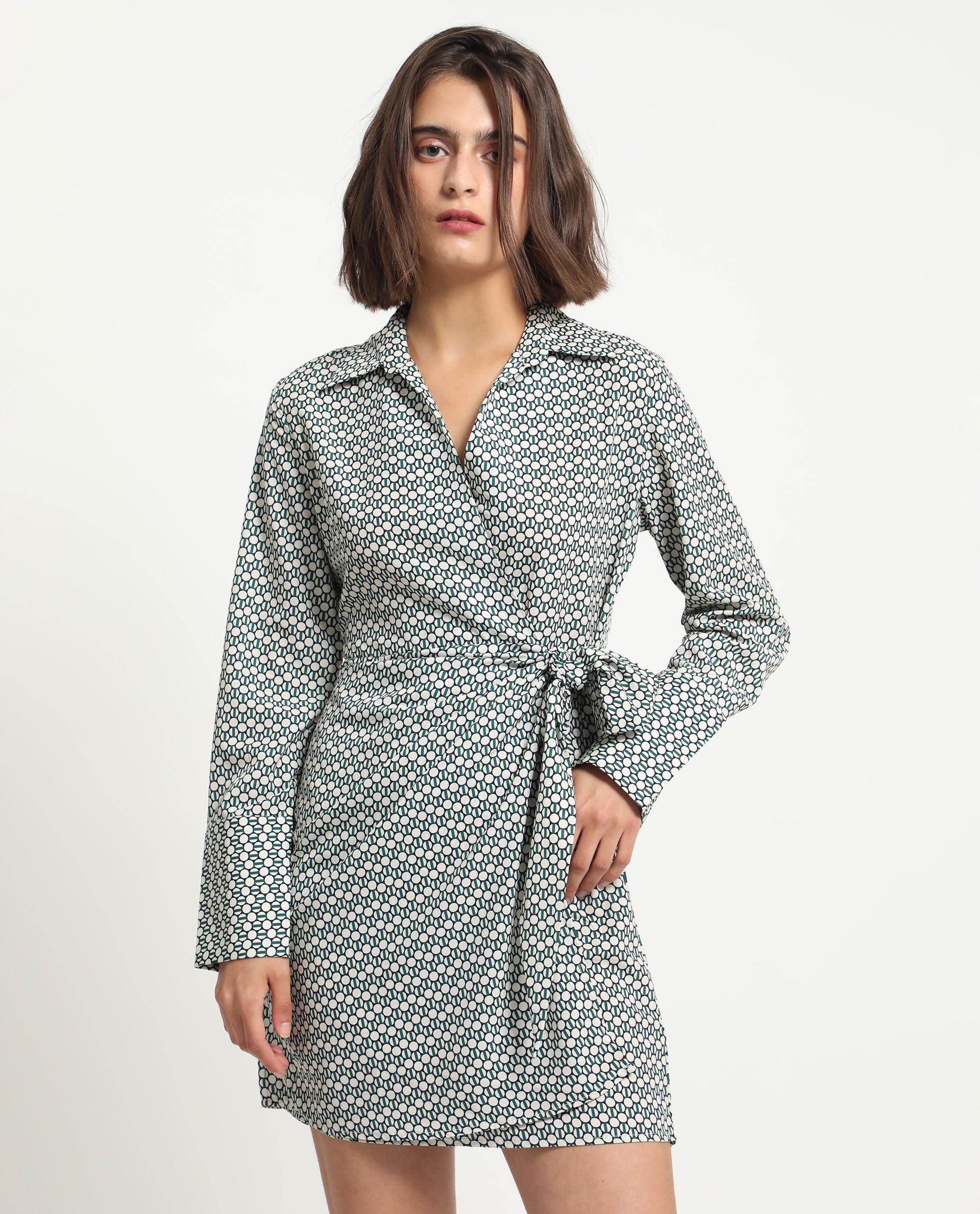 Rareism Women Mackay Green Polyester Fabric Full Sleeves Drop Collar Regular Fit Geometric Print Short Boxy Dress