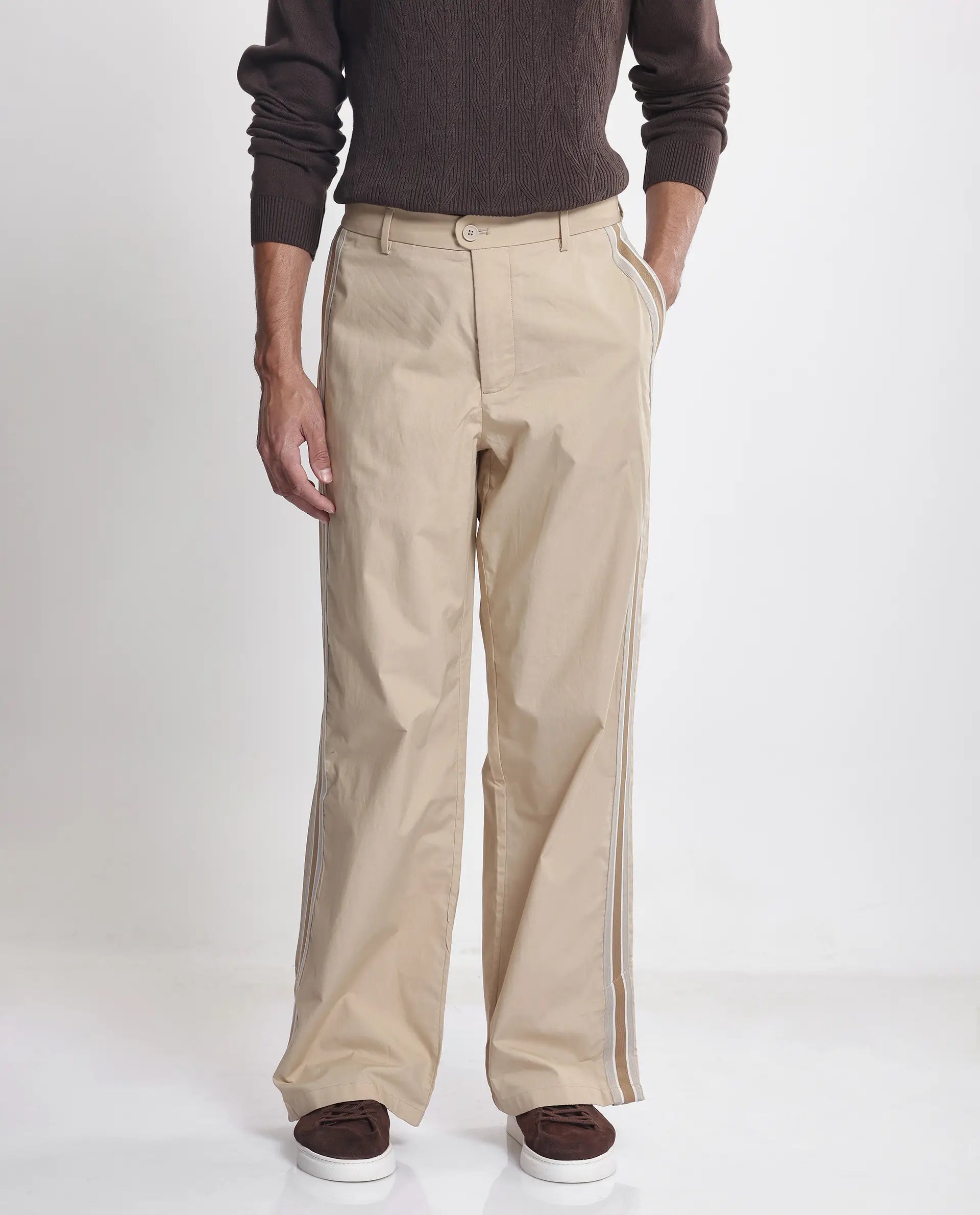 Rare Rabbit Men Macon Beige Cotton Fabric Tape Detailed Mid Rise Baggy Fit Track Pant