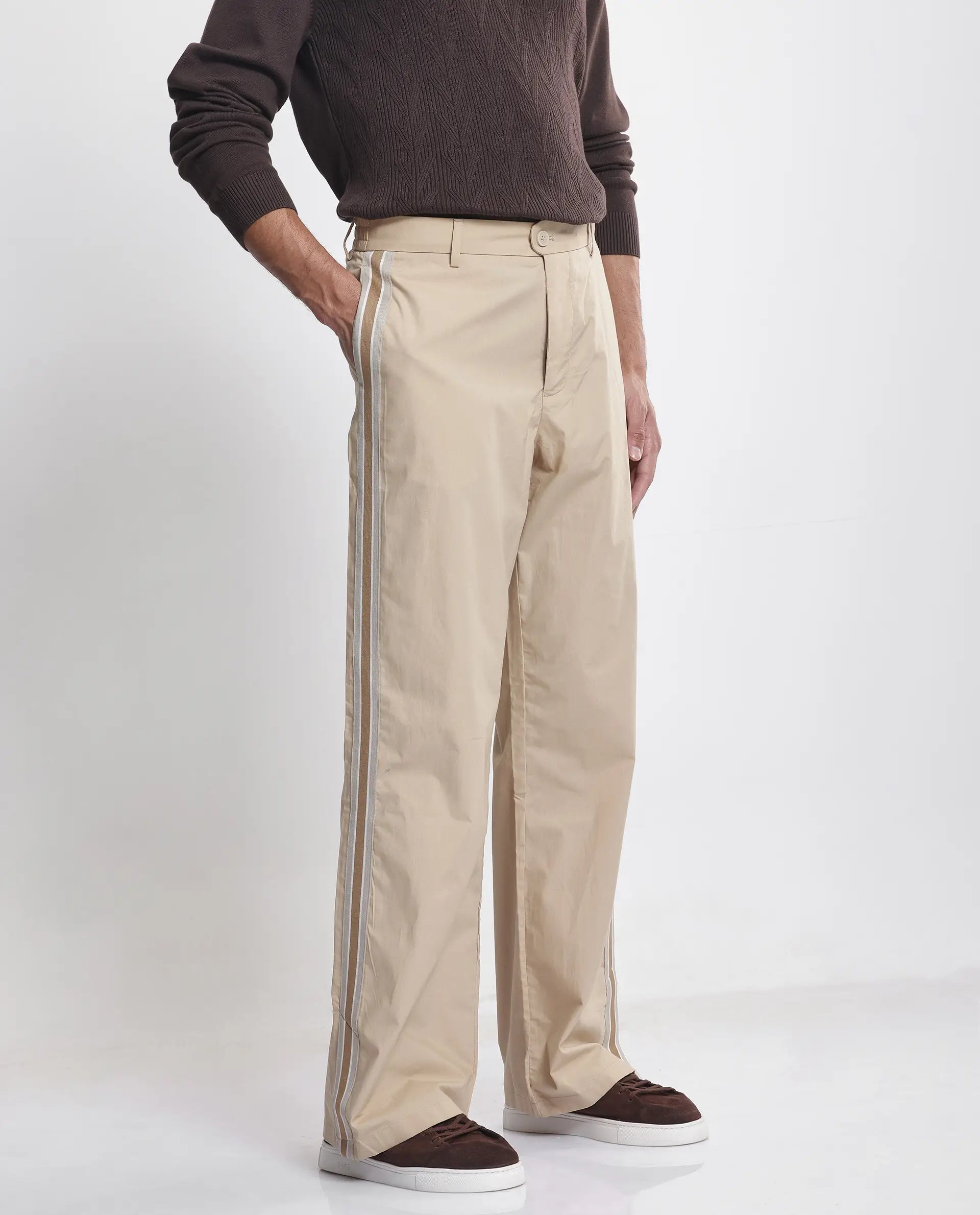 Rare Rabbit Men Macon Beige Cotton Fabric Tape Detailed Mid Rise Baggy Fit Track Pant