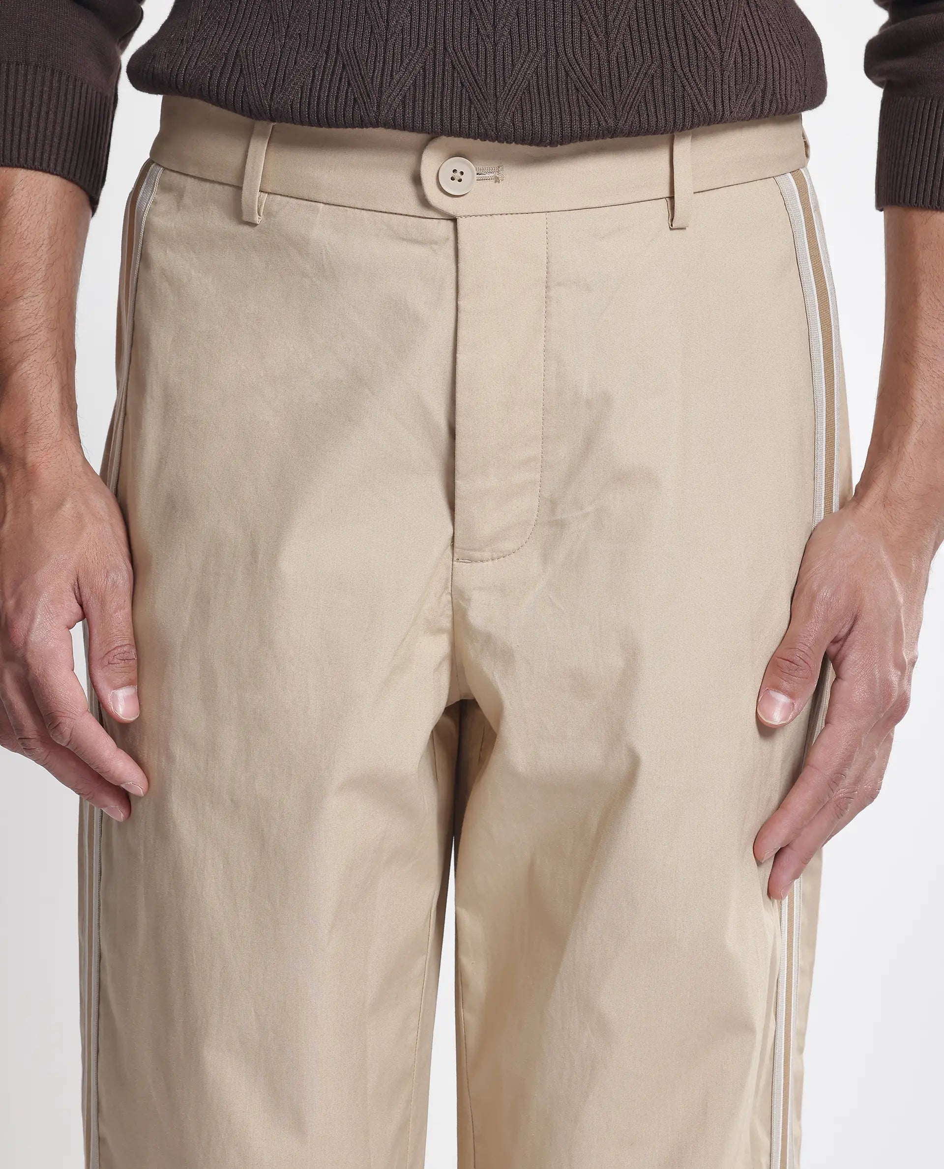 Rare Rabbit Men Macon Beige Cotton Fabric Tape Detailed Mid Rise Baggy Fit Track Pant