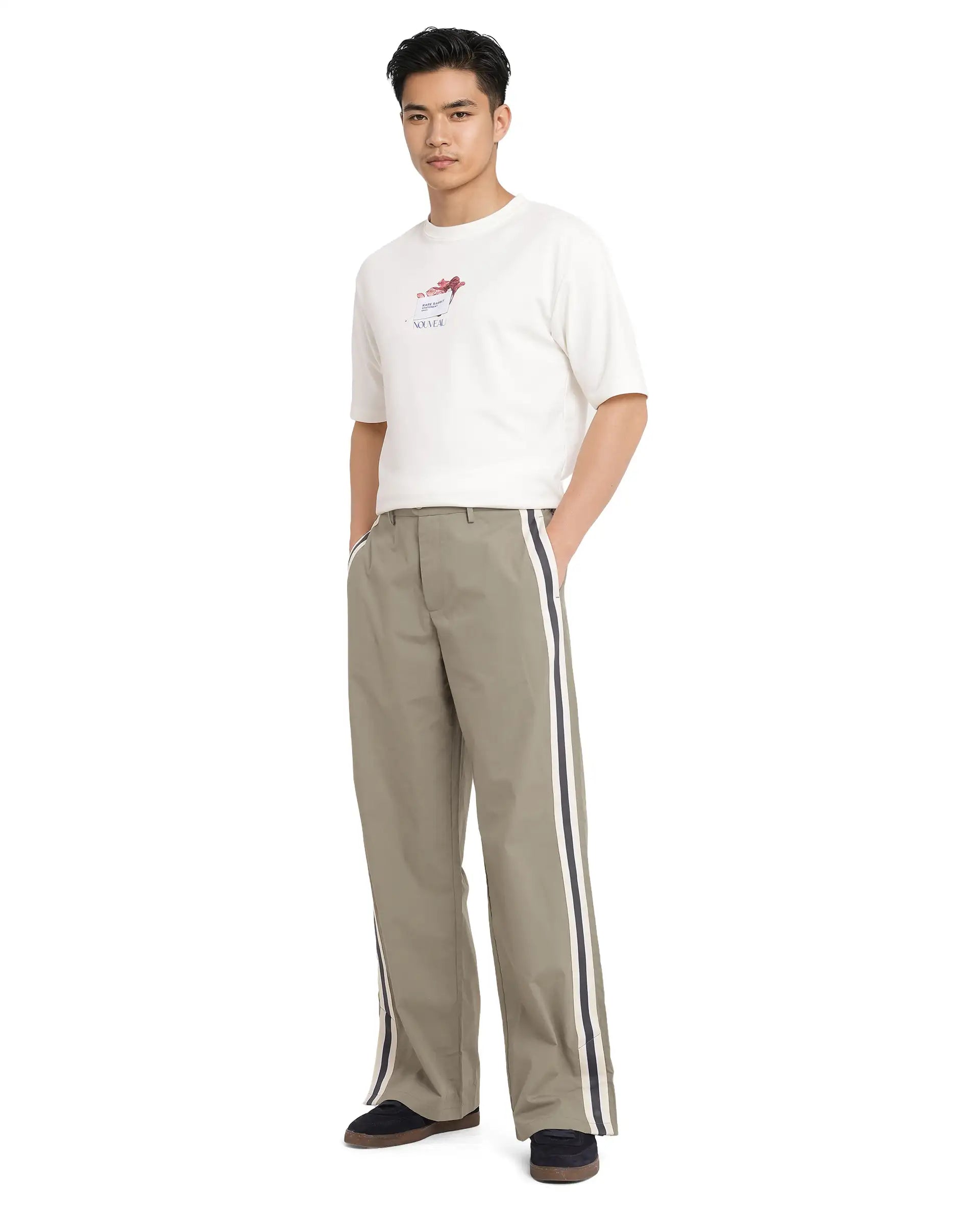 Rare Rabbit Men Macon Green Cotton Fabric Mid Rise Baggy Fit Side Slit with Snap Button Closure Tape Detailing Track Pant