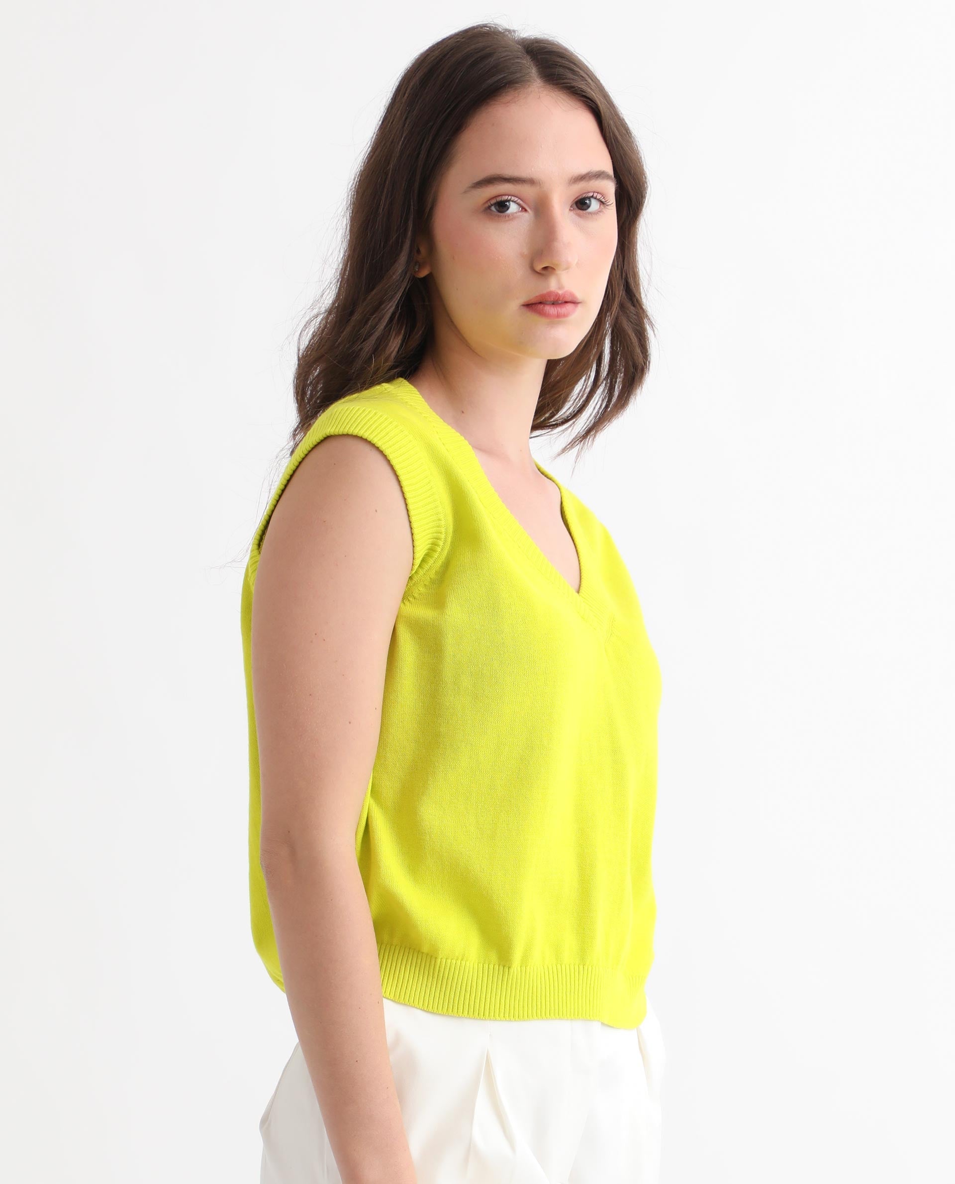 Rareism Women Madelyn Green Cotton Fabric Sleeveless Knee Length Regular Fit Solid V-Neck Sweater