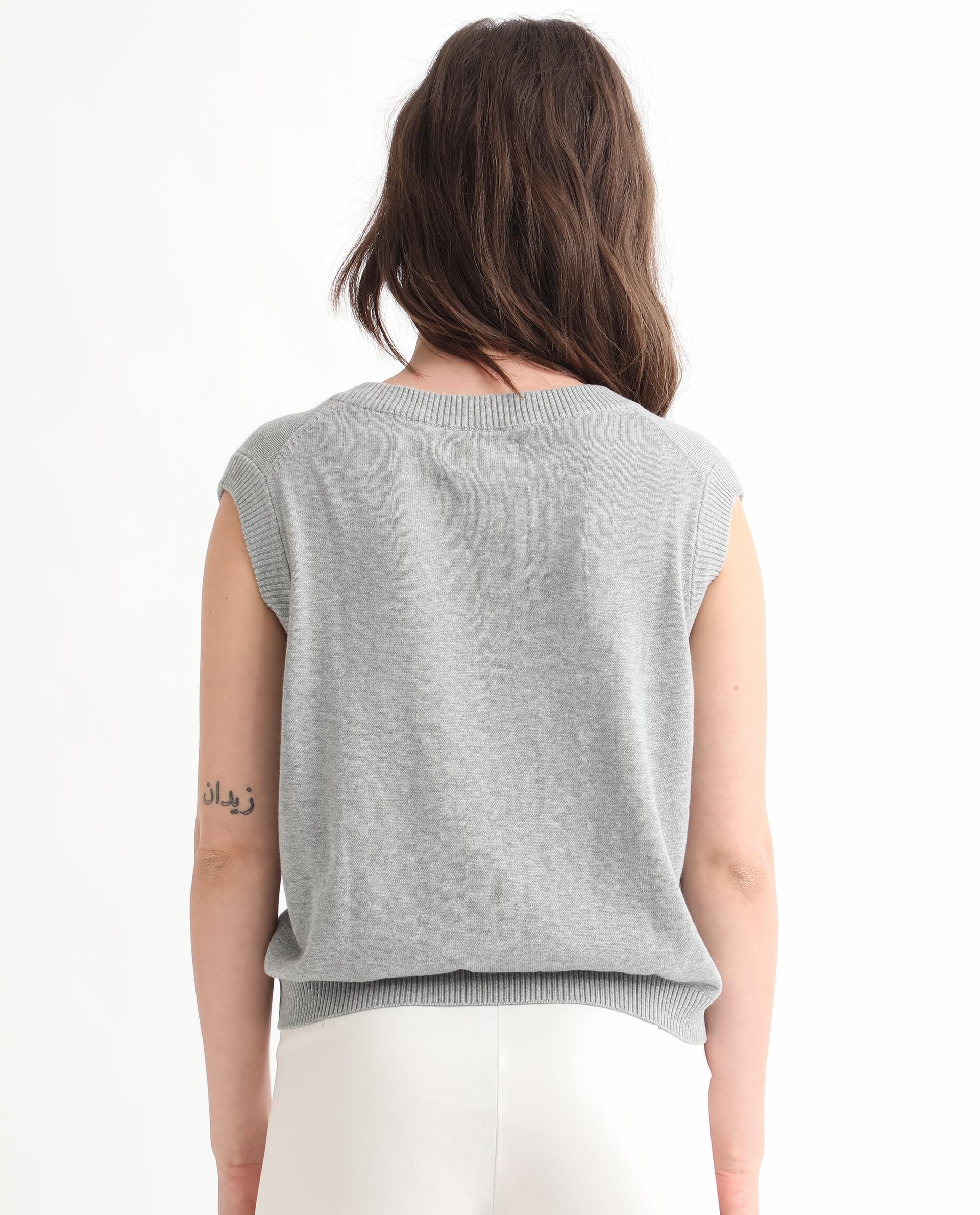 Rareism Women Madelyn Grey Cotton Fabric Sleeveless Knee Length Regular Fit Solid V-Neck Sweater