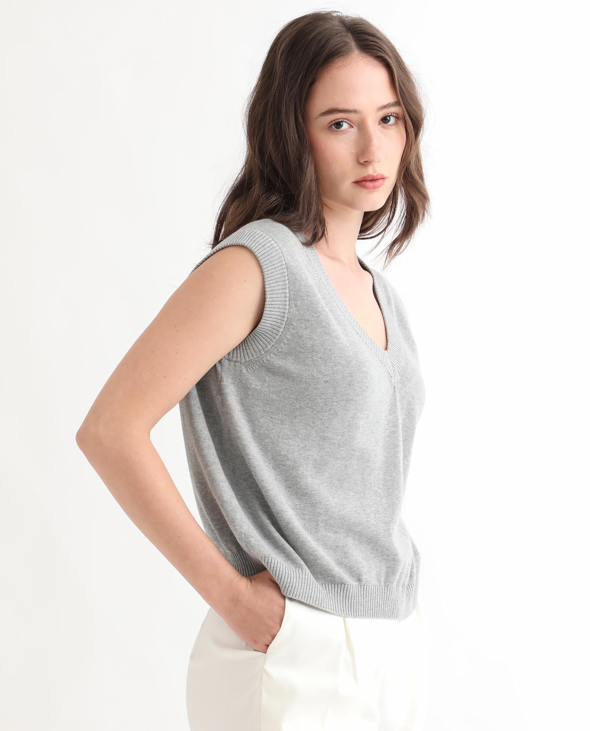 Rareism Women Madelyn Grey Cotton Fabric Sleeveless Knee Length Regular Fit Solid V-Neck Sweater