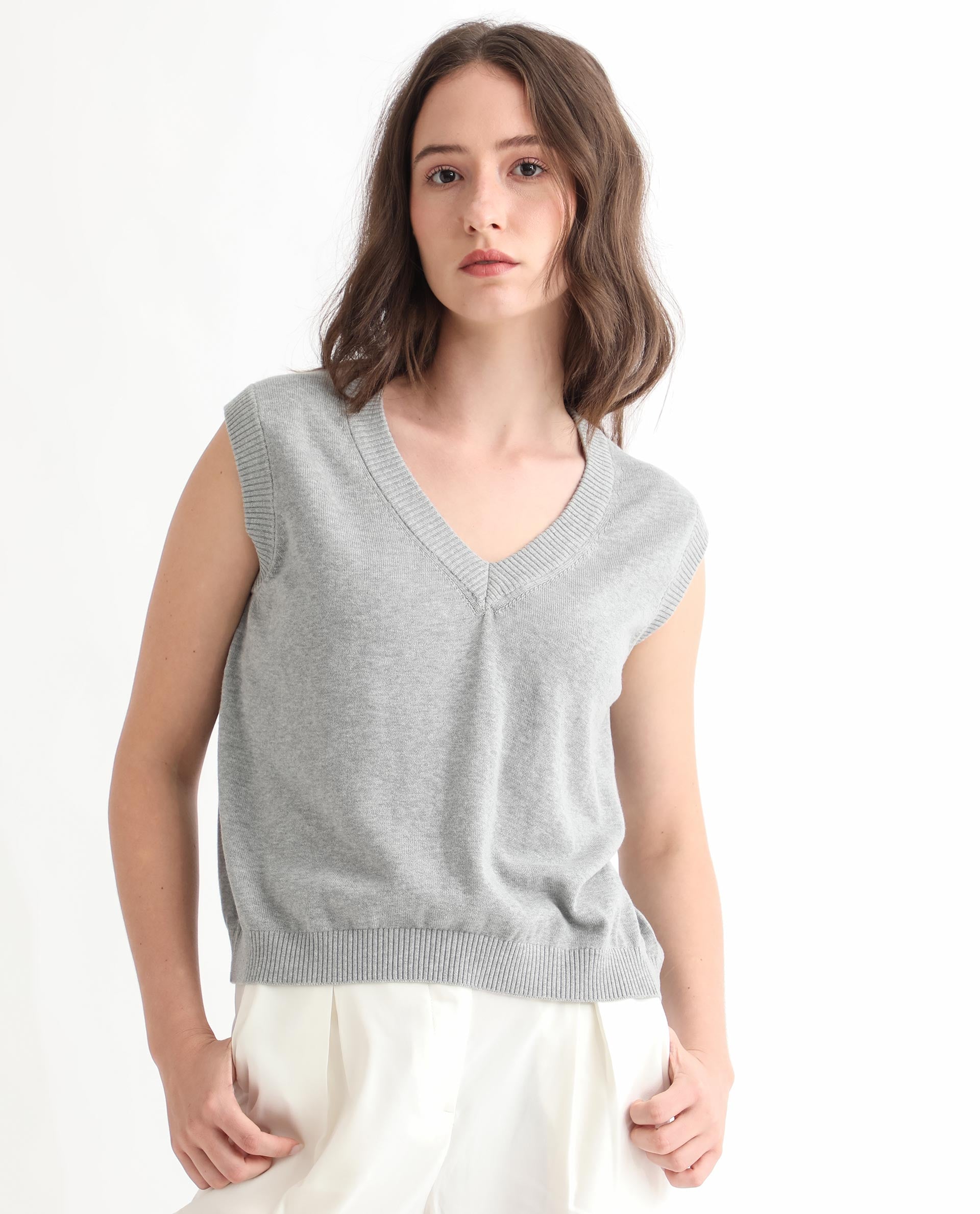 Rareism Women Madelyn Grey Cotton Fabric Sleeveless Knee Length Regular Fit Solid V-Neck Sweater