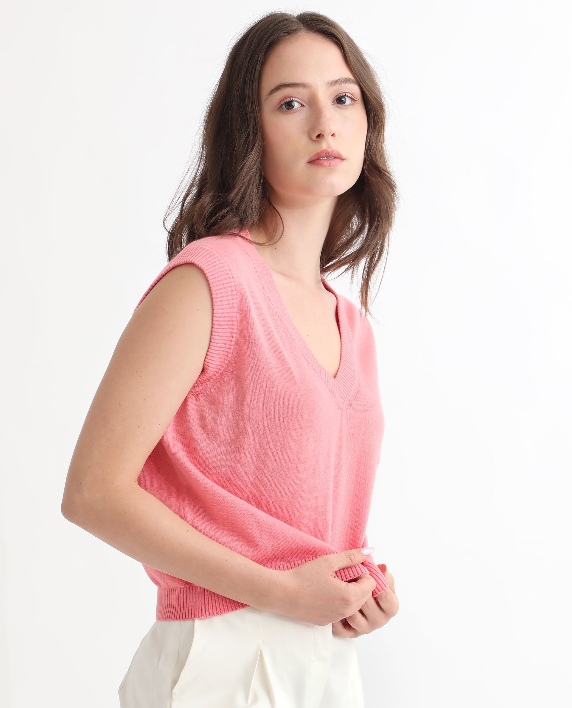 Rareism Women Madelyn Pink Cotton Fabric Sleeveless Knee Length Regular Fit Solid V-Neck Sweater