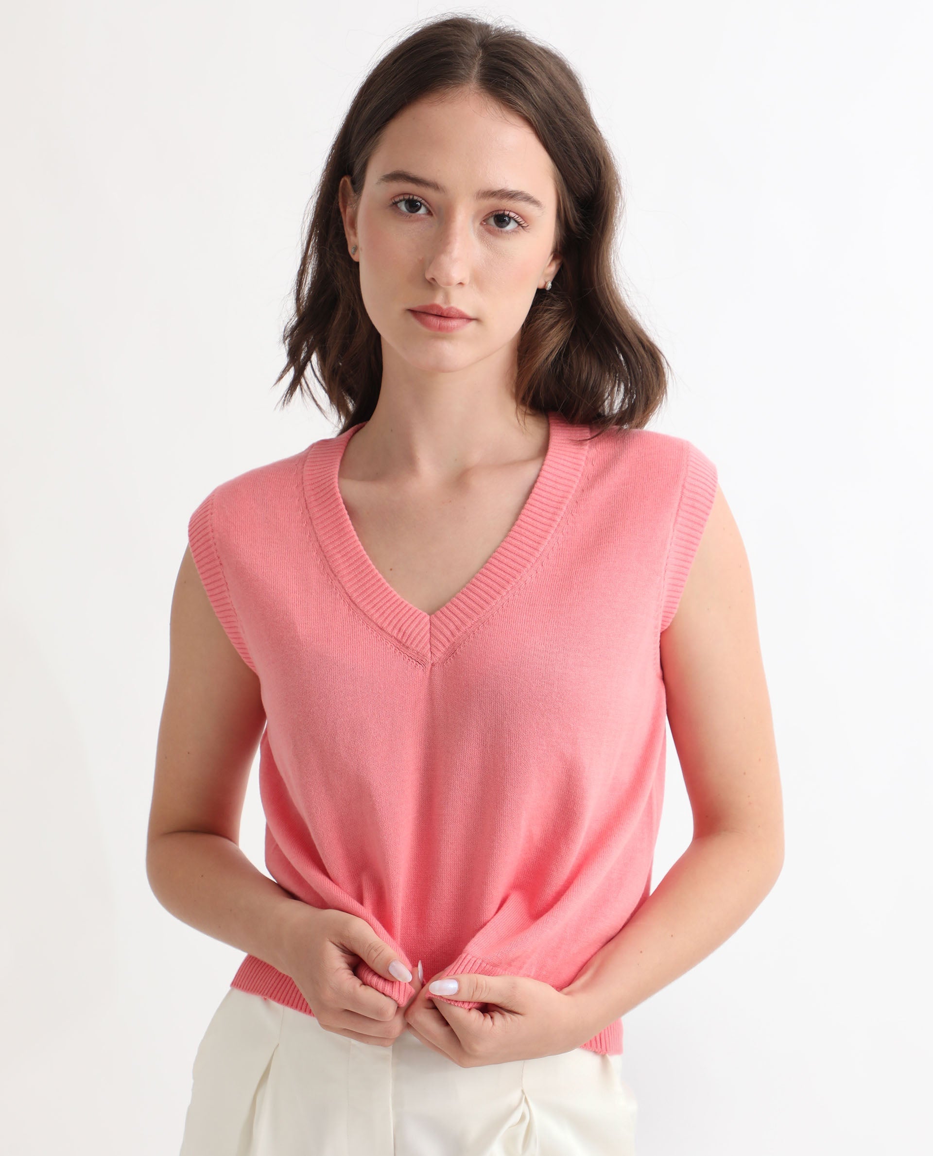 Rareism Women Madelyn Pink Cotton Fabric Sleeveless Knee Length Regular Fit Solid V-Neck Sweater