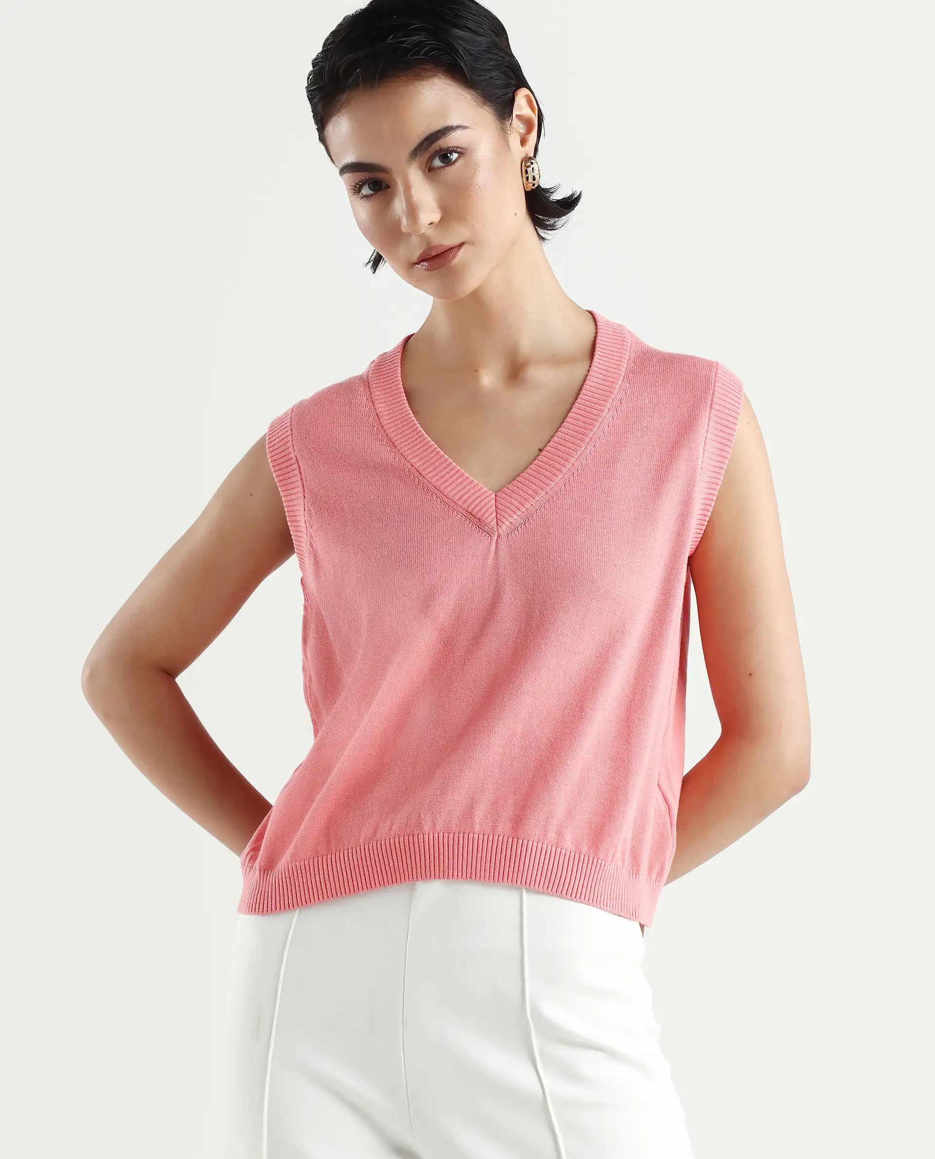 Rareism Women's Madelyn Pink Cotton V-Neck Plain Sleeveless Regular Fit Sweater