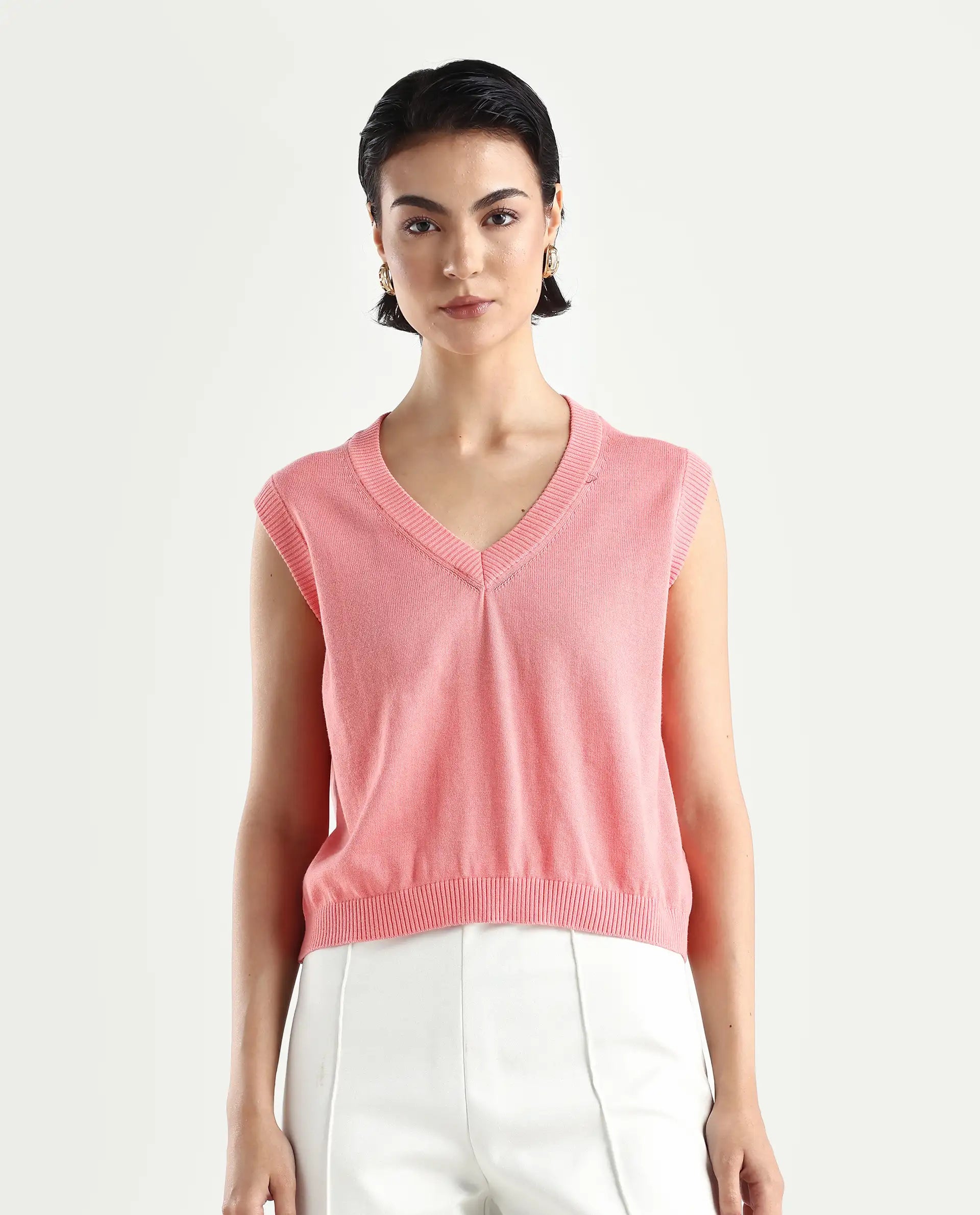 Rareism Women's Madelyn Pink Cotton V-Neck Plain Sleeveless Regular Fit Sweater