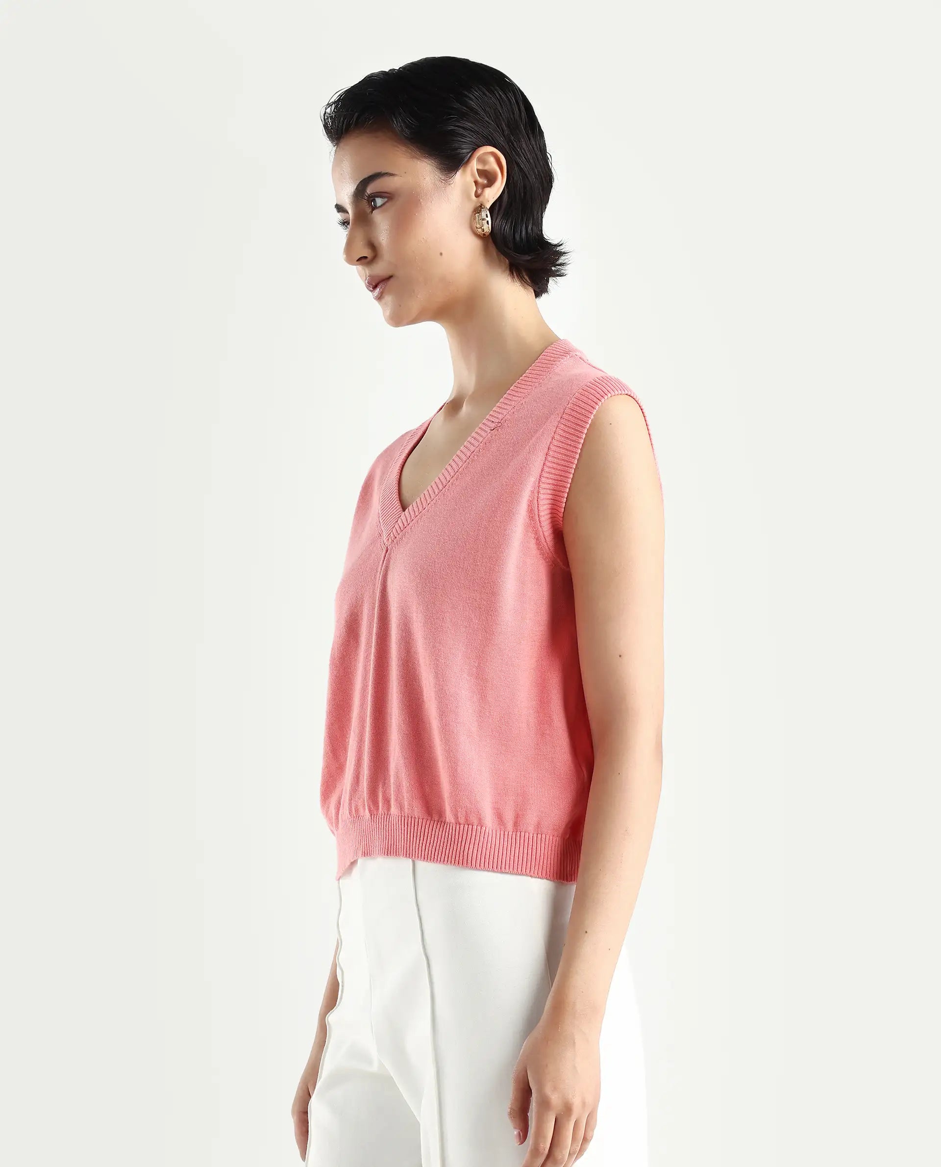 Rareism Women's Madelyn Pink Cotton V-Neck Plain Sleeveless Regular Fit Sweater