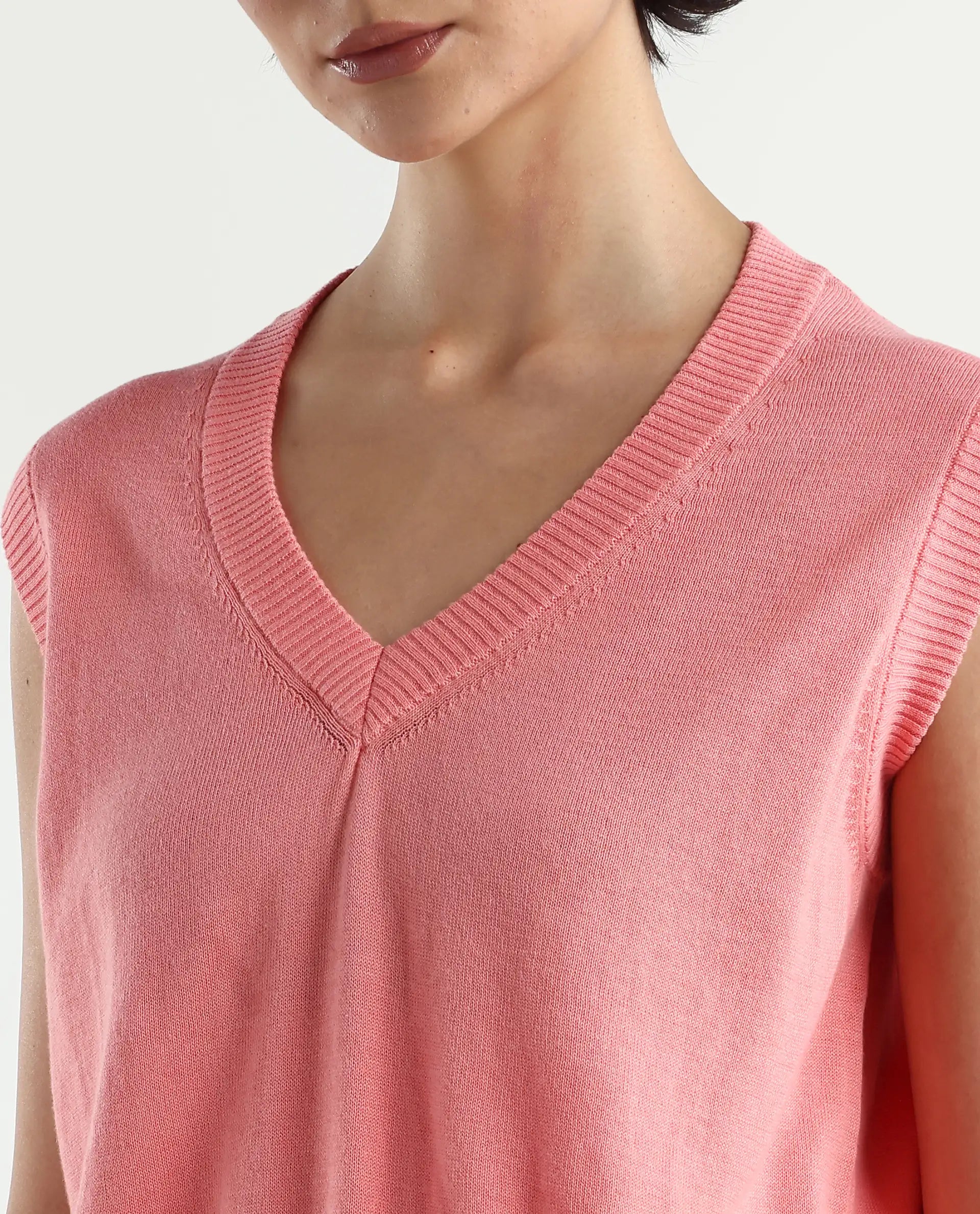 Rareism Women's Madelyn Pink Cotton V-Neck Plain Sleeveless Regular Fit Sweater