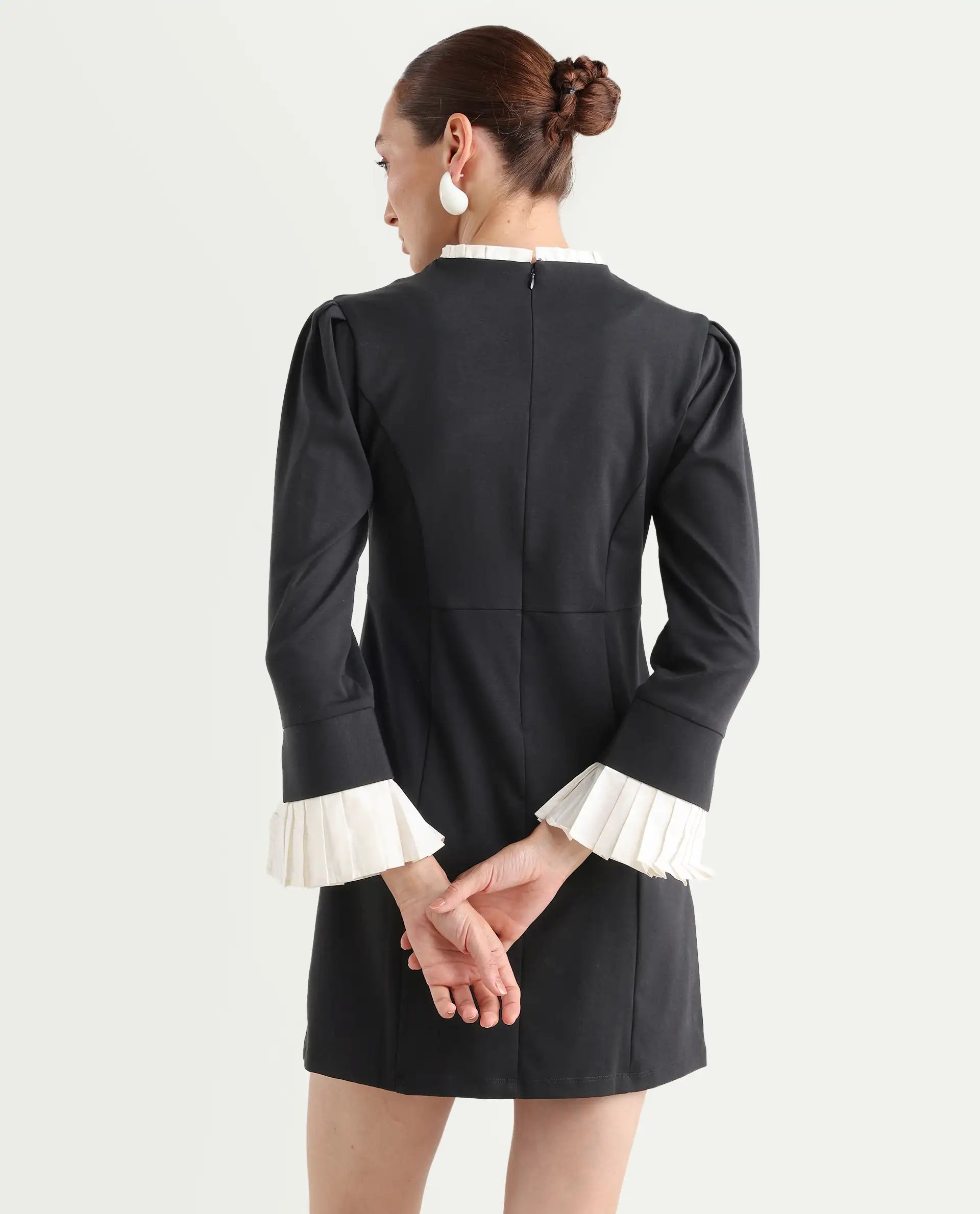 Rareism Women's Mafis Black Polyester Blend Ruffled Neck Plain Fashion Sleeve Mini Straight Fit Dress