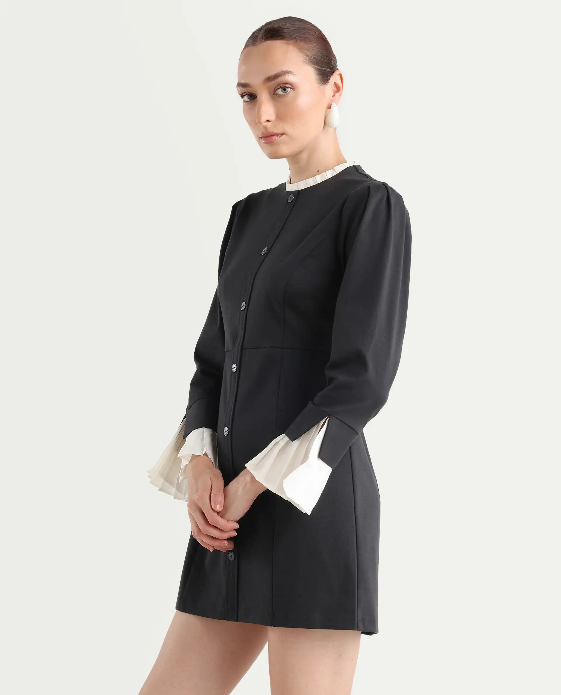 Rareism Women's Mafis Black Polyester Blend Ruffled Neck Plain Fashion Sleeve Mini Straight Fit Dress