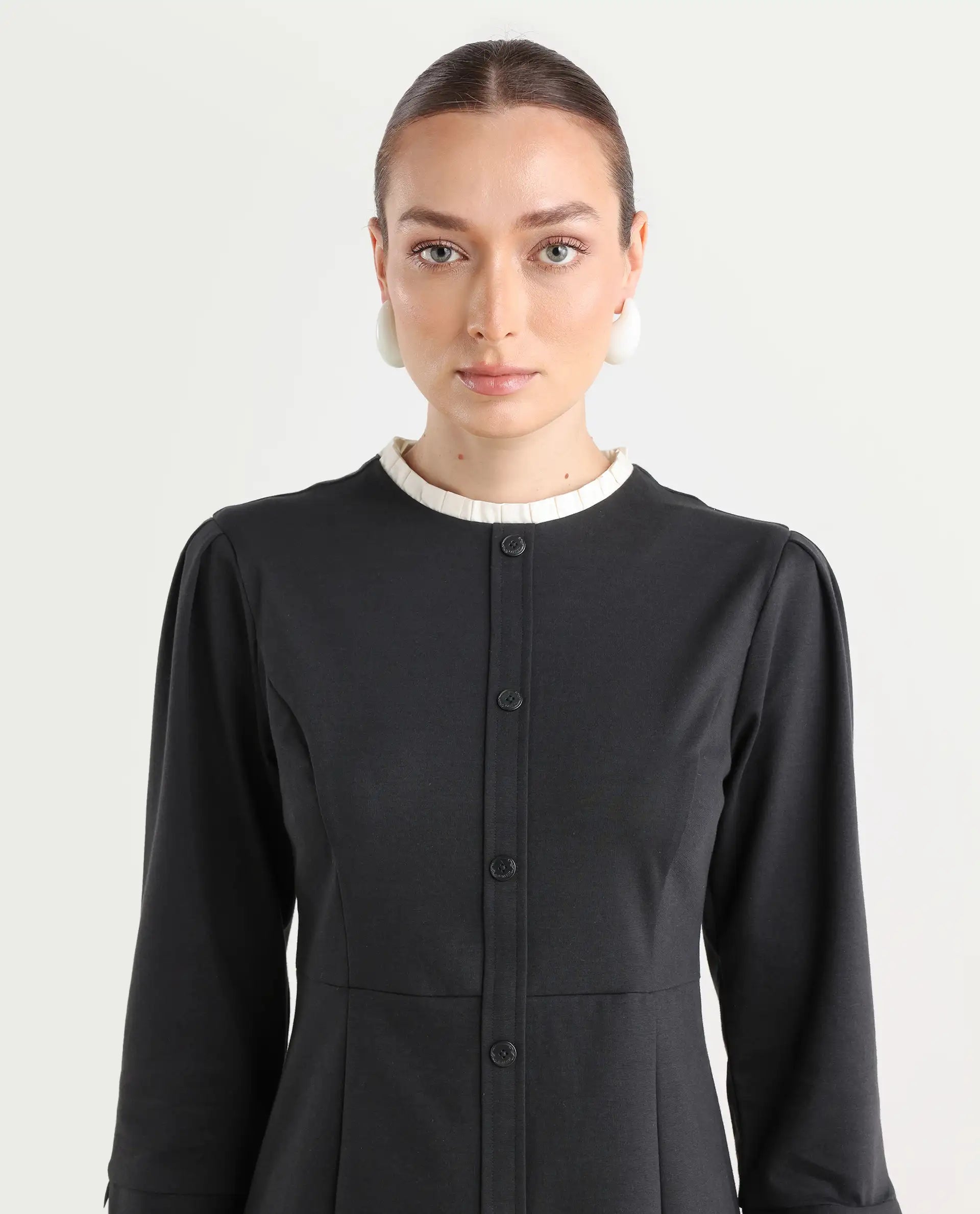 Rareism Women's Mafis Black Polyester Blend Ruffled Neck Plain Fashion Sleeve Mini Straight Fit Dress