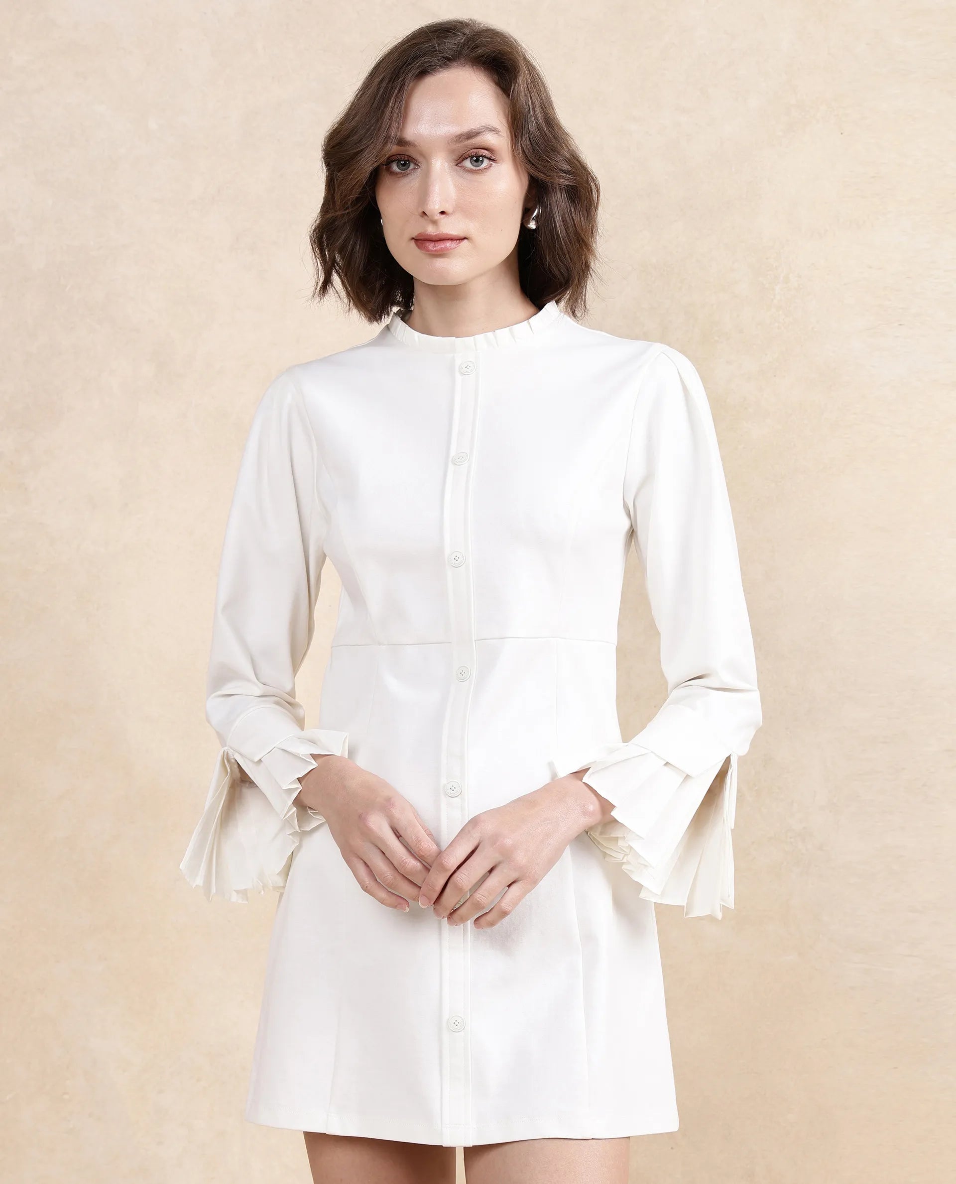 Rareism Women Mafis White Fashion Sleeves Ruffled Neck Zip Closure Straight Fit Mini Plain Dress