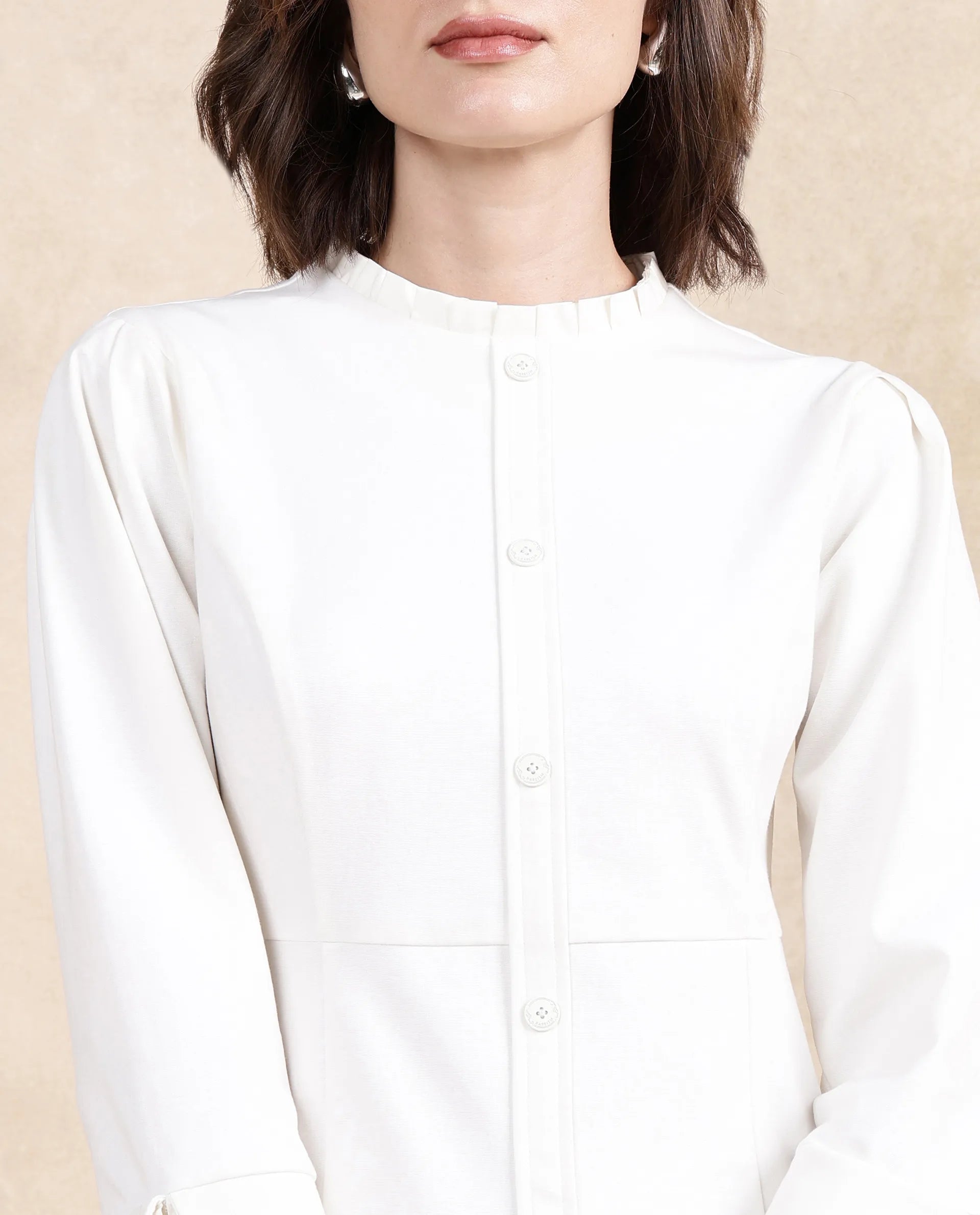 Rareism Women Mafis White Fashion Sleeves Ruffled Neck Zip Closure Straight Fit Mini Plain Dress