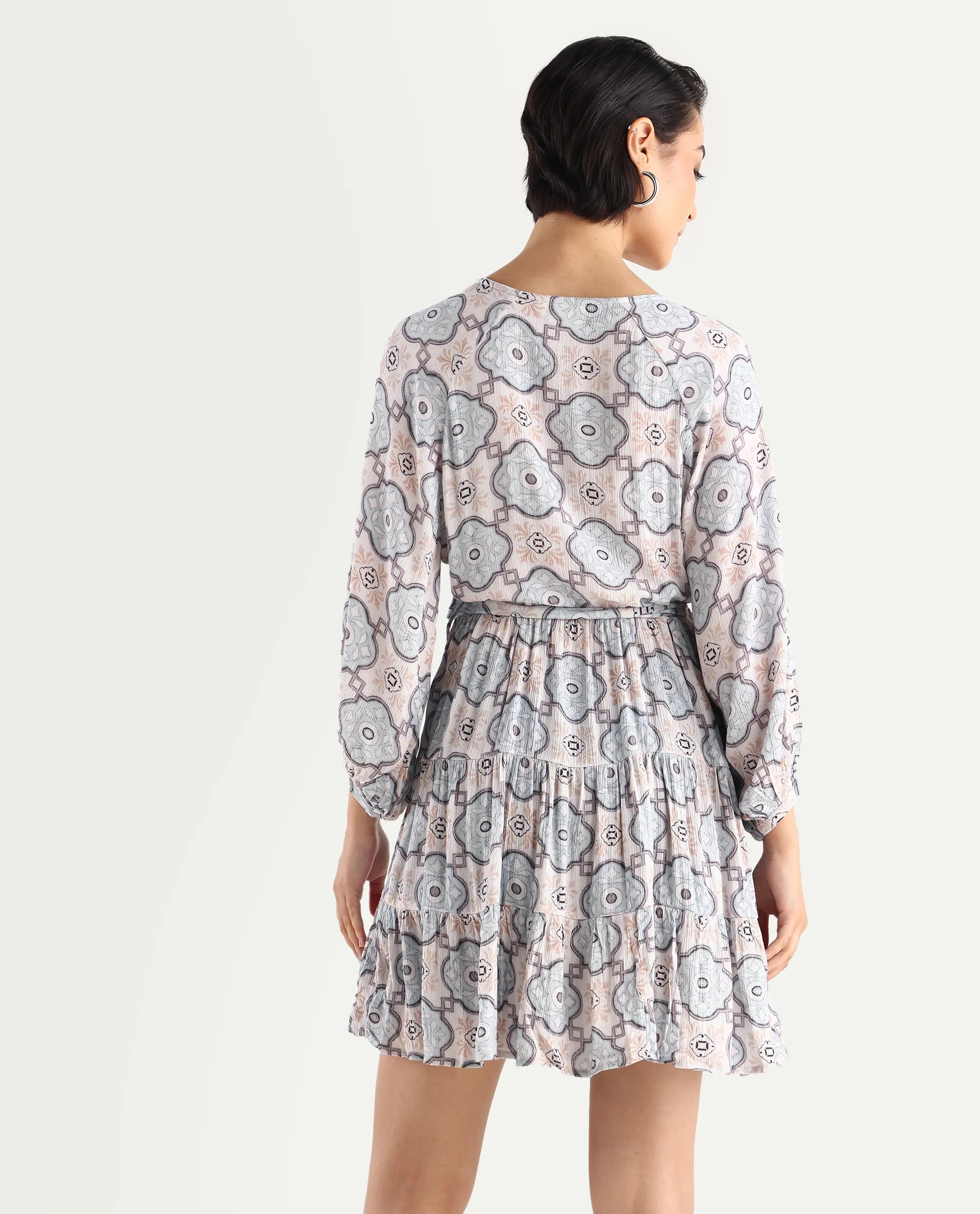 Rareism Women's Mage-Light Blue Rayon Overlap Neck Abstract Print Raglan Sleeve Mini Fit And Flare Dress