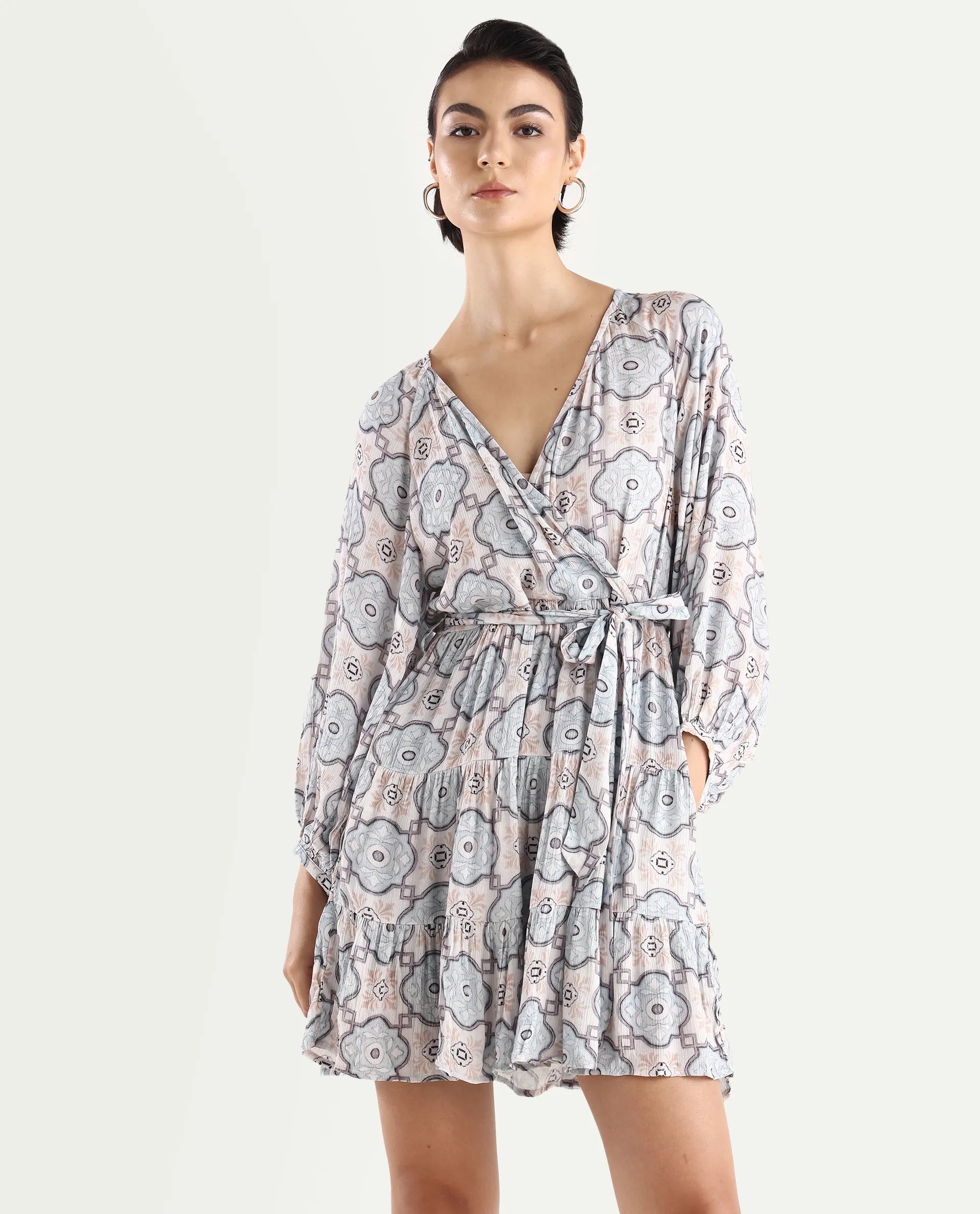 Rareism Women's Mage-Light Blue Rayon Overlap Neck Abstract Print Raglan Sleeve Mini Fit And Flare Dress