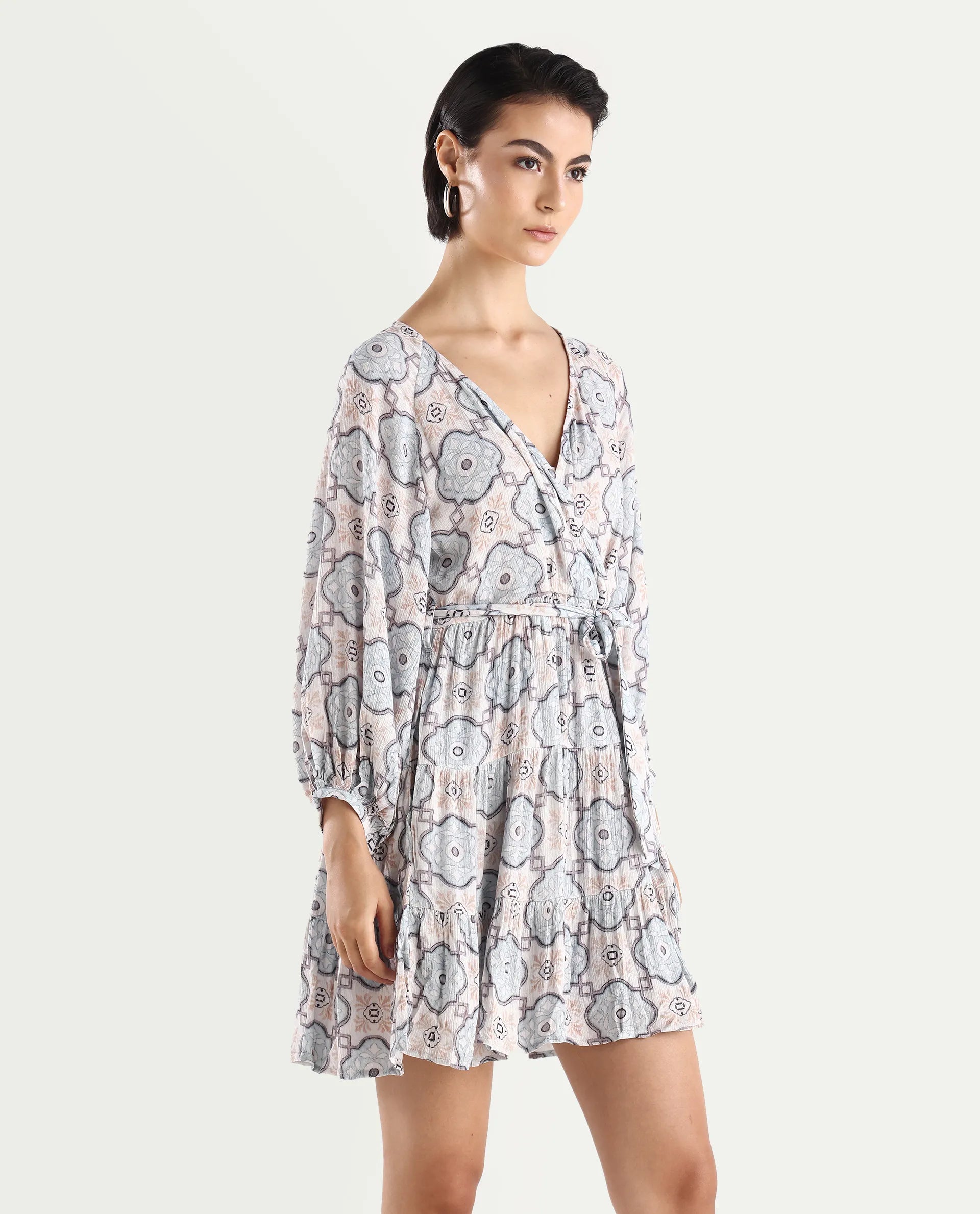 Rareism Women's Mage-Light Blue Rayon Overlap Neck Abstract Print Raglan Sleeve Mini Fit And Flare Dress