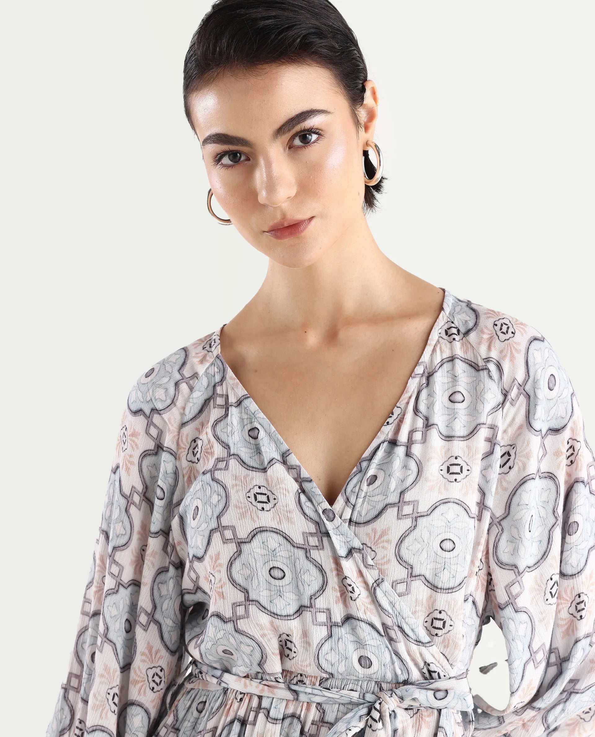 Rareism Women's Mage-Light Blue Rayon Overlap Neck Abstract Print Raglan Sleeve Mini Fit And Flare Dress