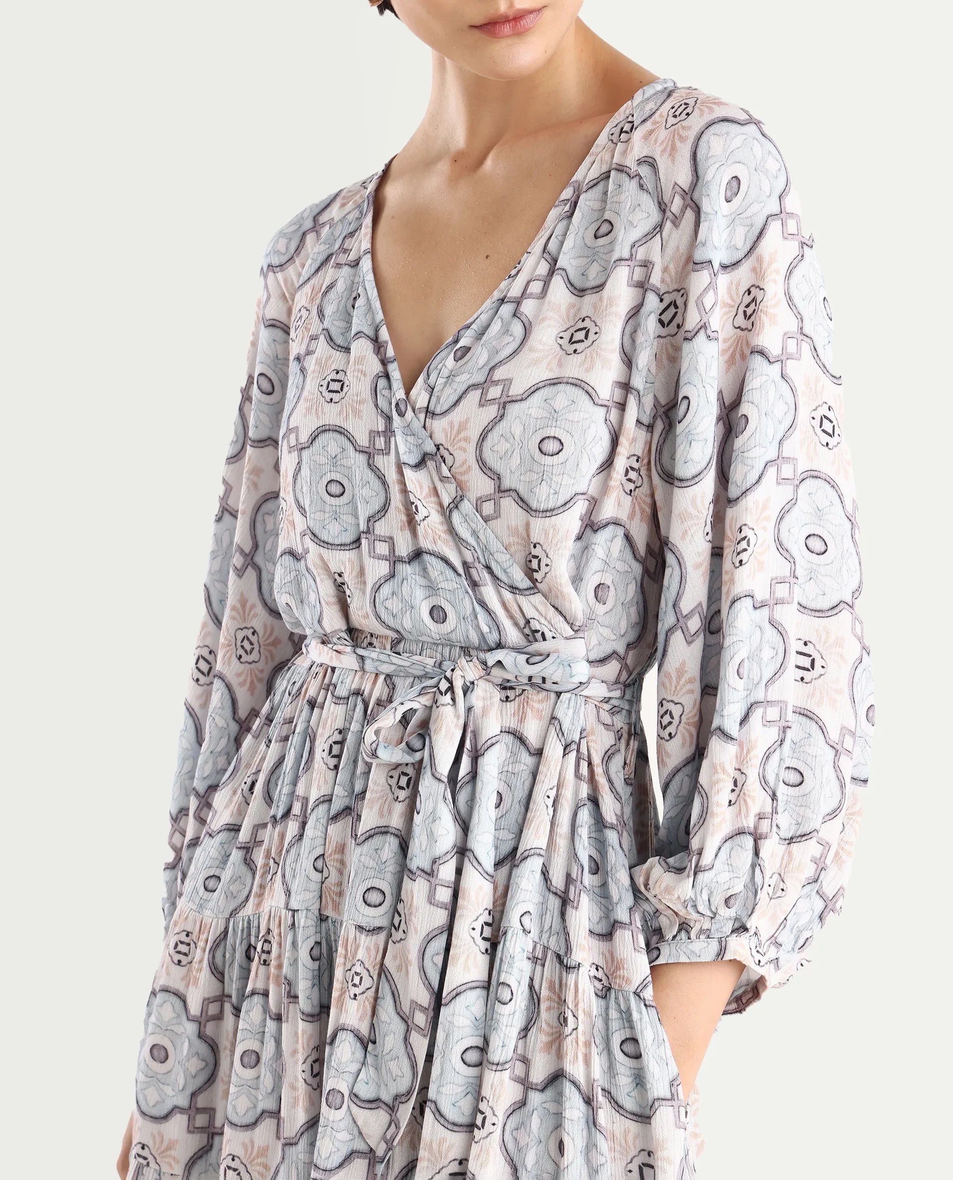 Rareism Women's Mage-Light Blue Rayon Overlap Neck Abstract Print Raglan Sleeve Mini Fit And Flare Dress