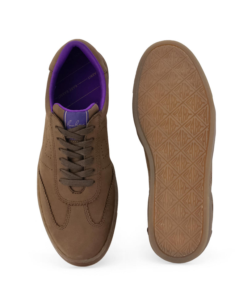 Rare Rabbit Mens Magellan Brown Premium Nubuck Lace Up Low Top Round Toe Sneaker Shoes
