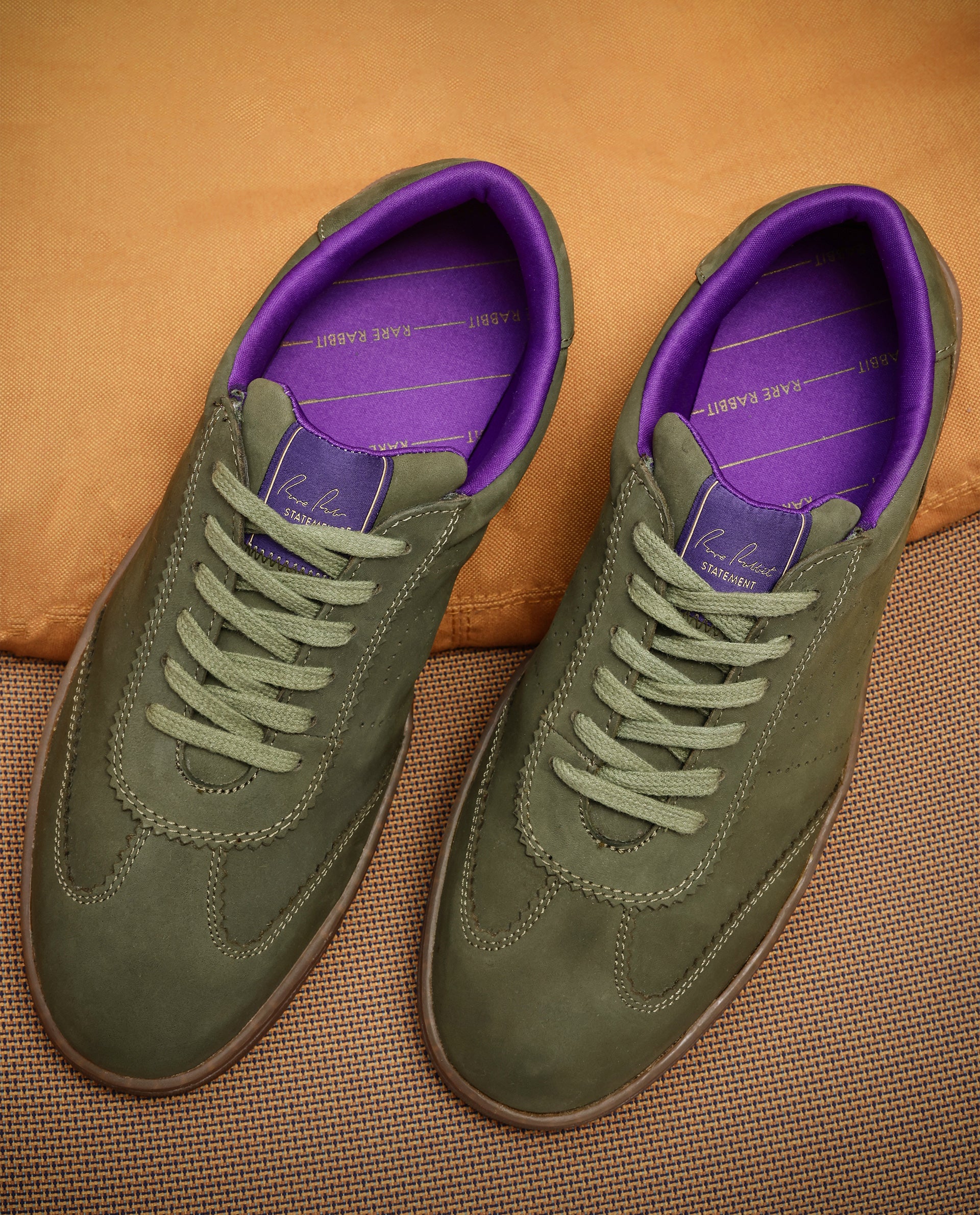 Rare Rabbit Mens Magellan Dark Green Premium Nubuck Lace Up Low Top Round Toe Sneaker Shoes