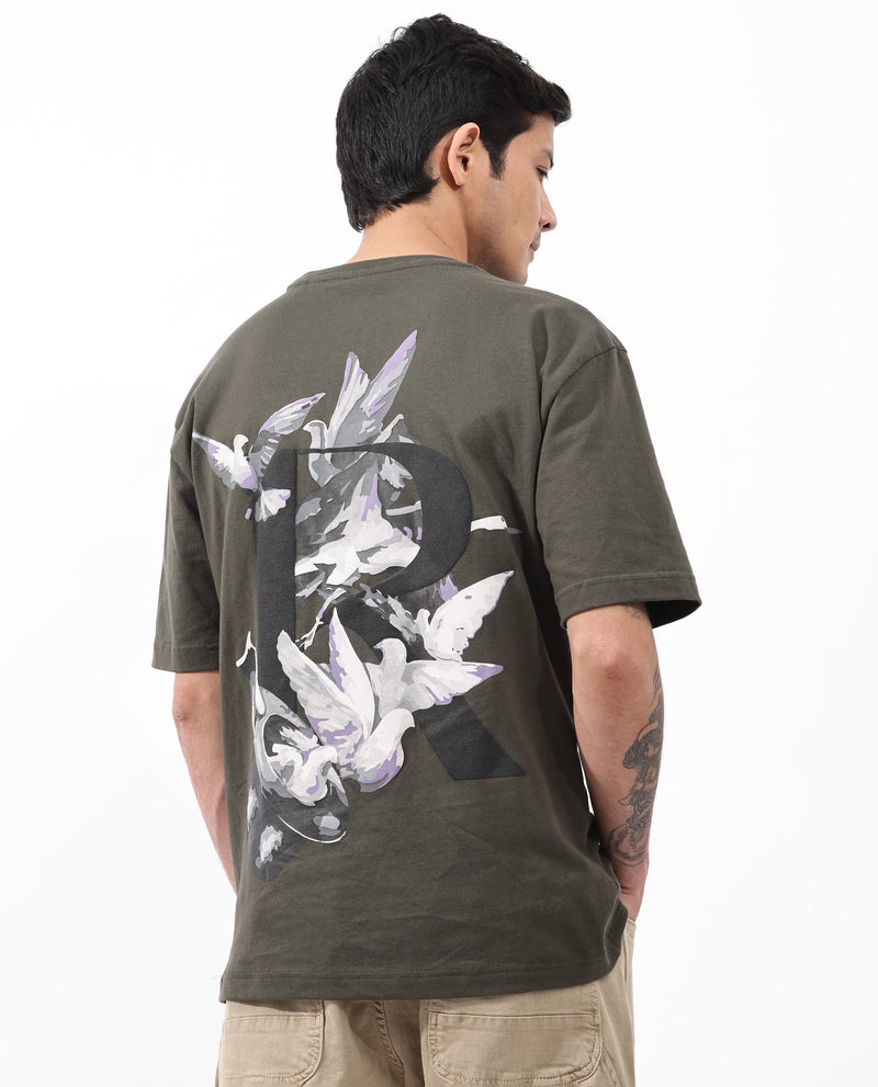 Rare Rabbit Articale Men's Magiq Olive Cotton Polyester Fabric Crew Neck Oversized Fit Graphic Abstract Print T-Shirt