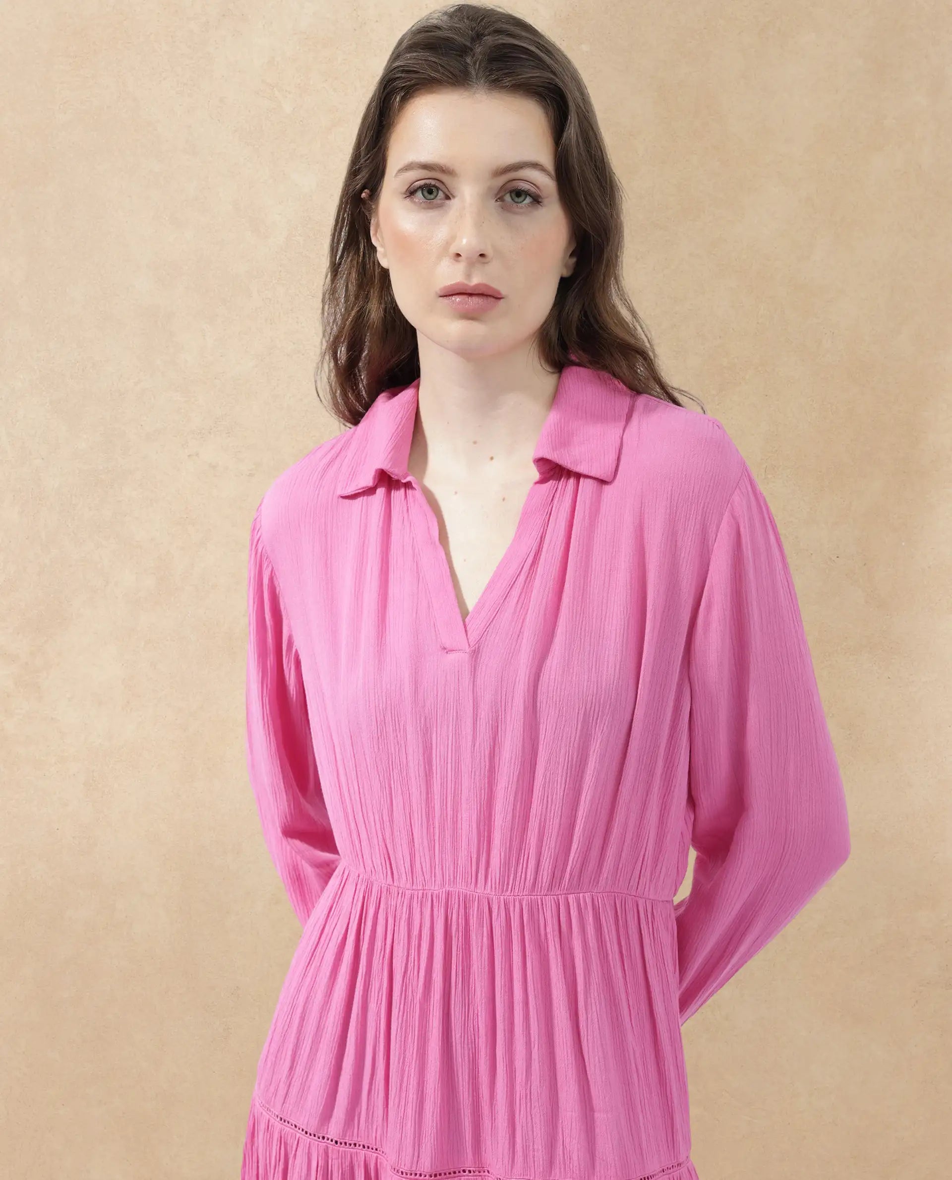 Rareism Women Magner Pink Rayon Fabric Full Sleeves Collared Neck Fit And Flare Plain Mini Dress