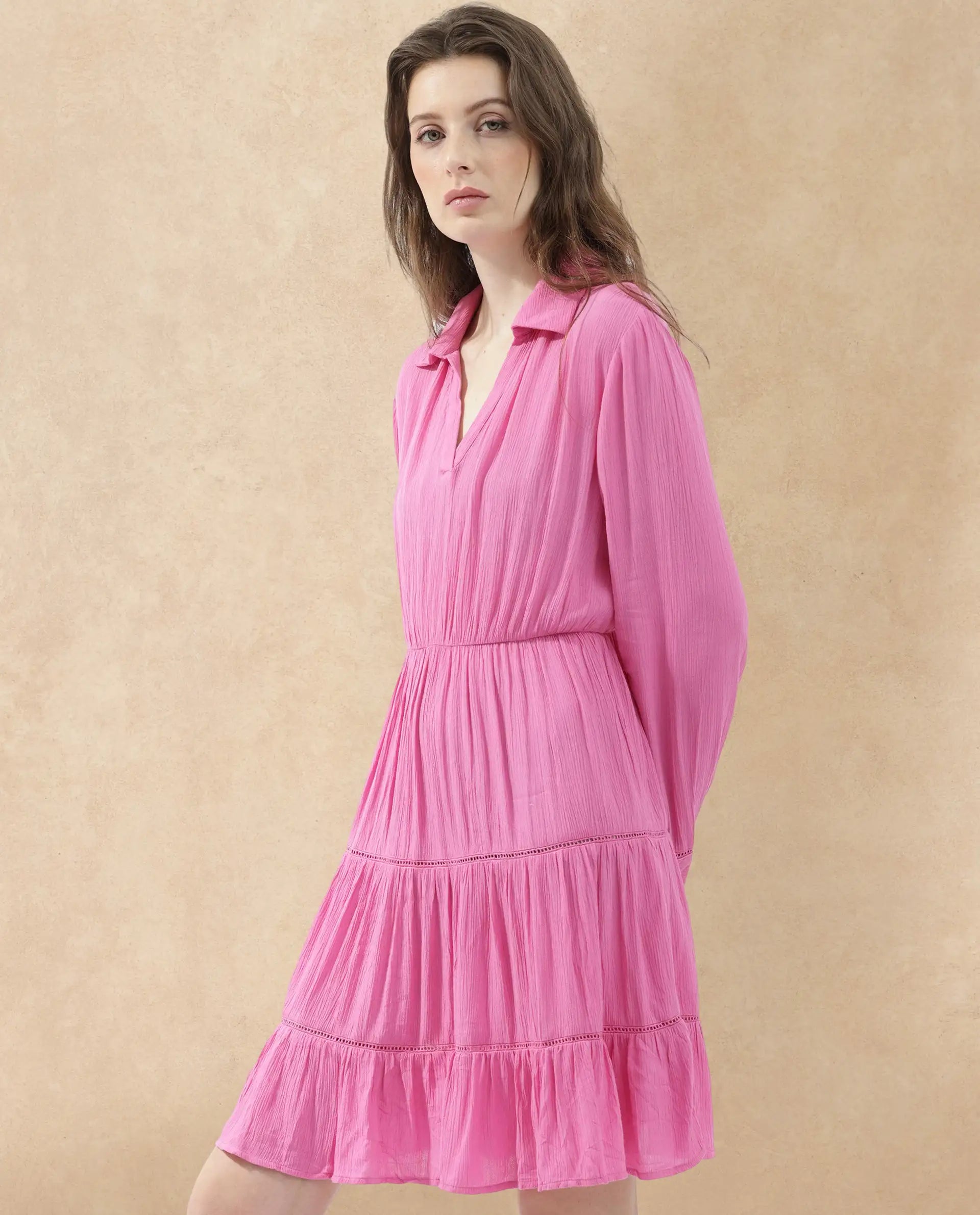 Rareism Women Magner Pink Rayon Fabric Full Sleeves Collared Neck Fit And Flare Plain Mini Dress