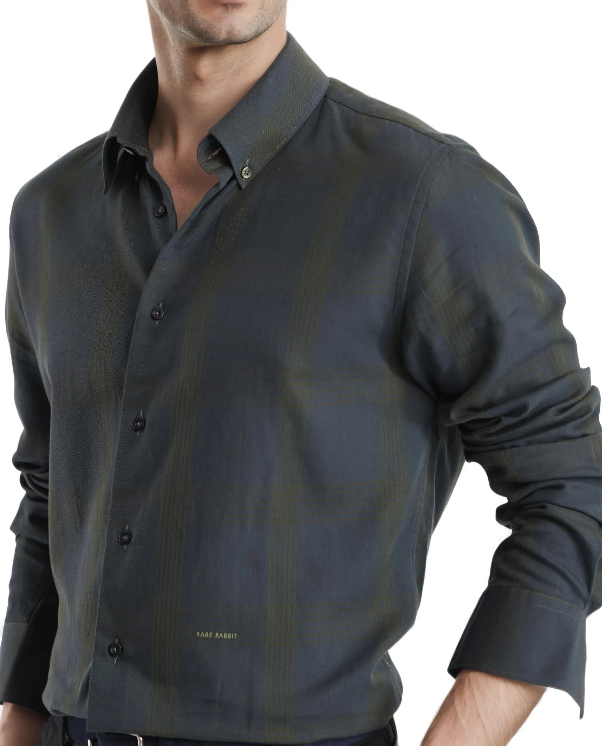 Rare Rabbit Men's Magone Dark Green Cotton Fabric Full Sleeve Collared Neck Checks Shirt