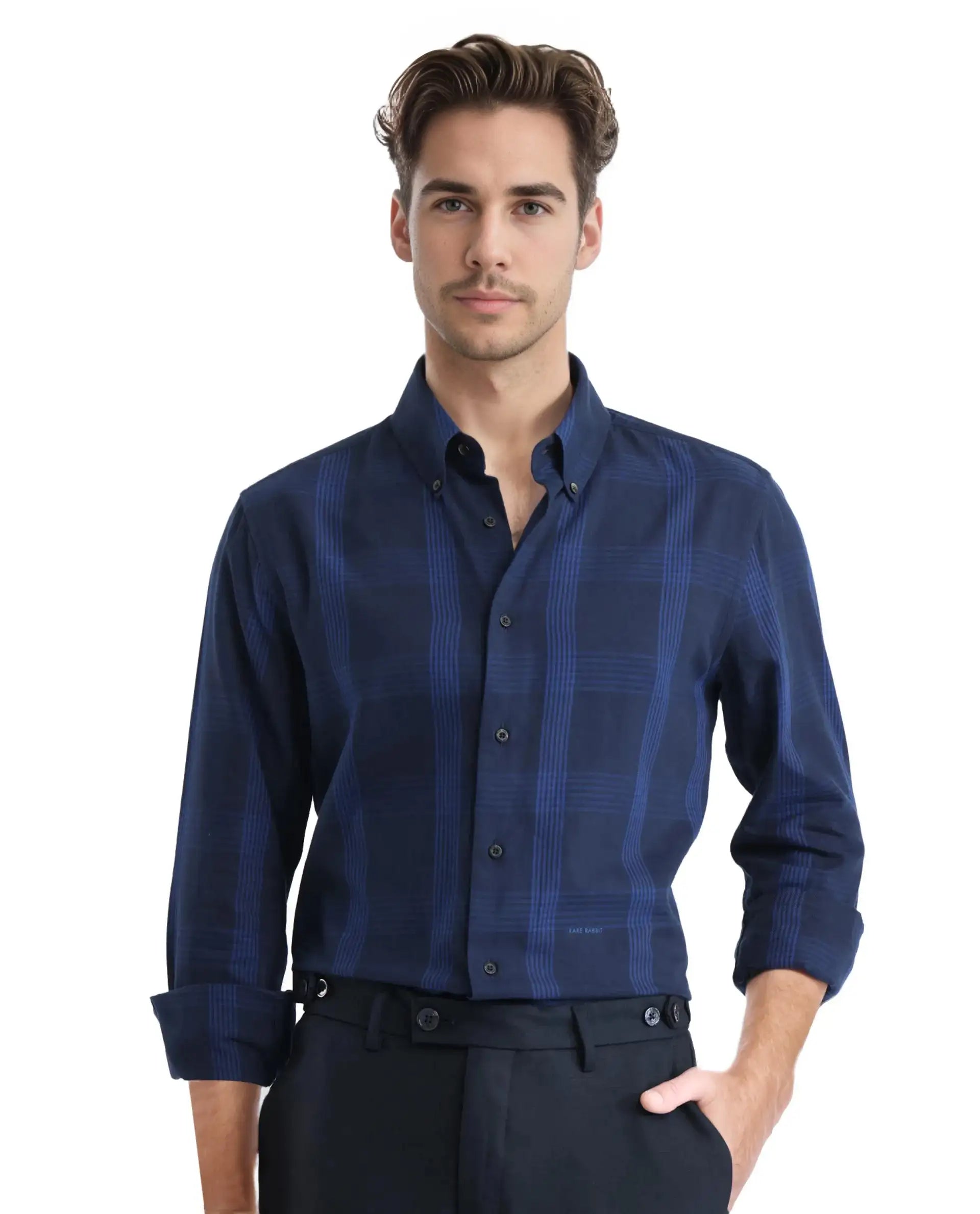 Rare Rabbit Men's Magone Navy Checked Print Regular Fit Full Sleeve Collared Shirt