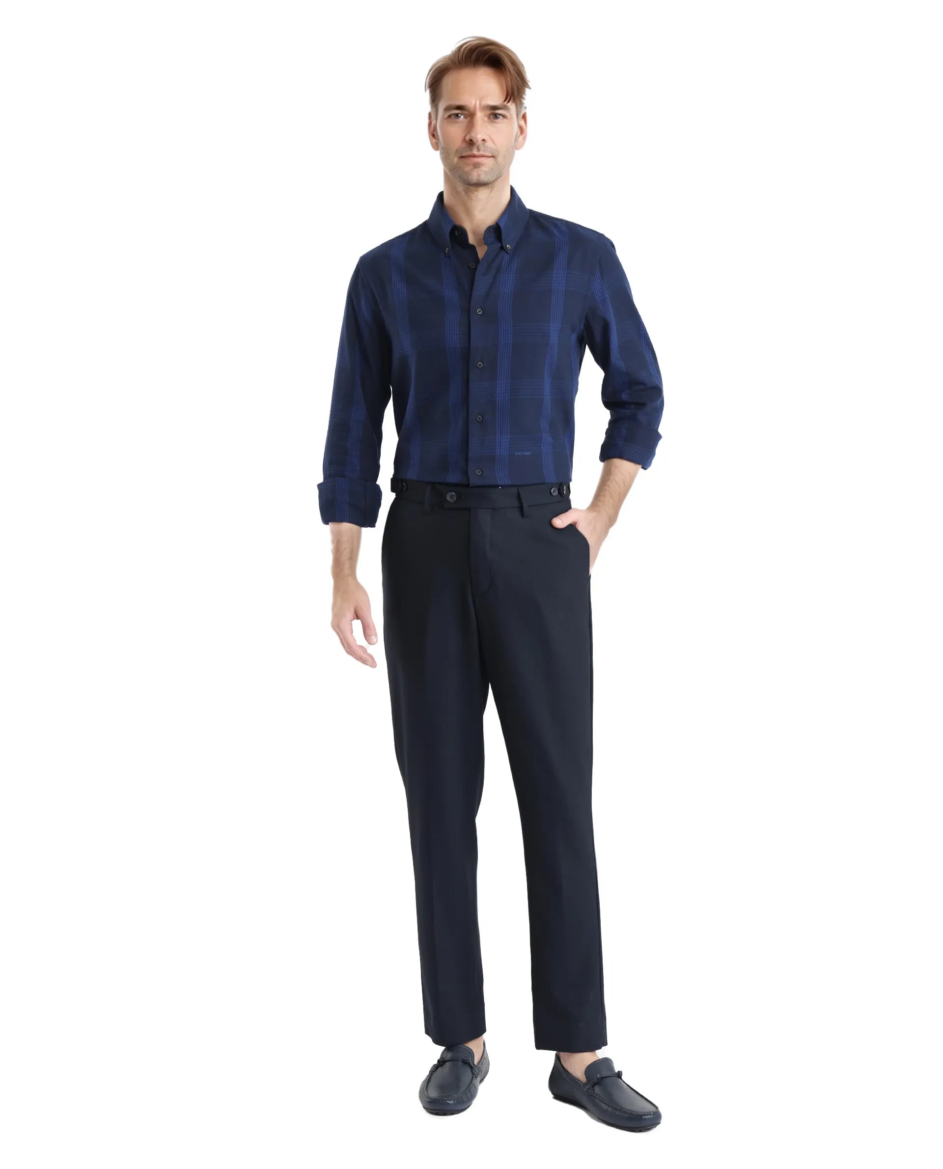 Rare Rabbit Men's Magone Navy Cotton Fabric Full Sleeve Collared Neck Checks Shirt