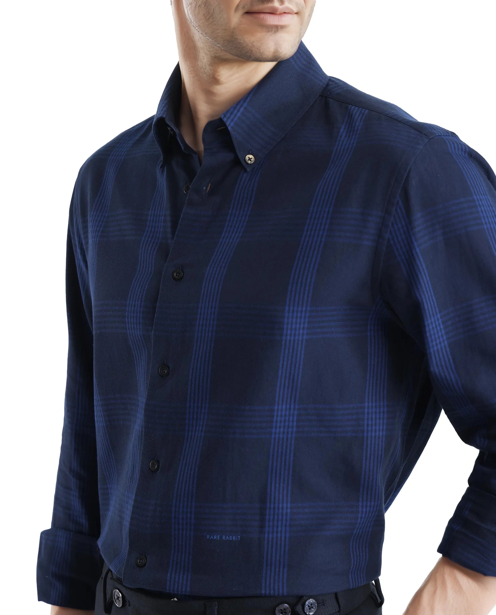 Rare Rabbit Men's Magone Navy Cotton Fabric Full Sleeve Collared Neck Checks Shirt