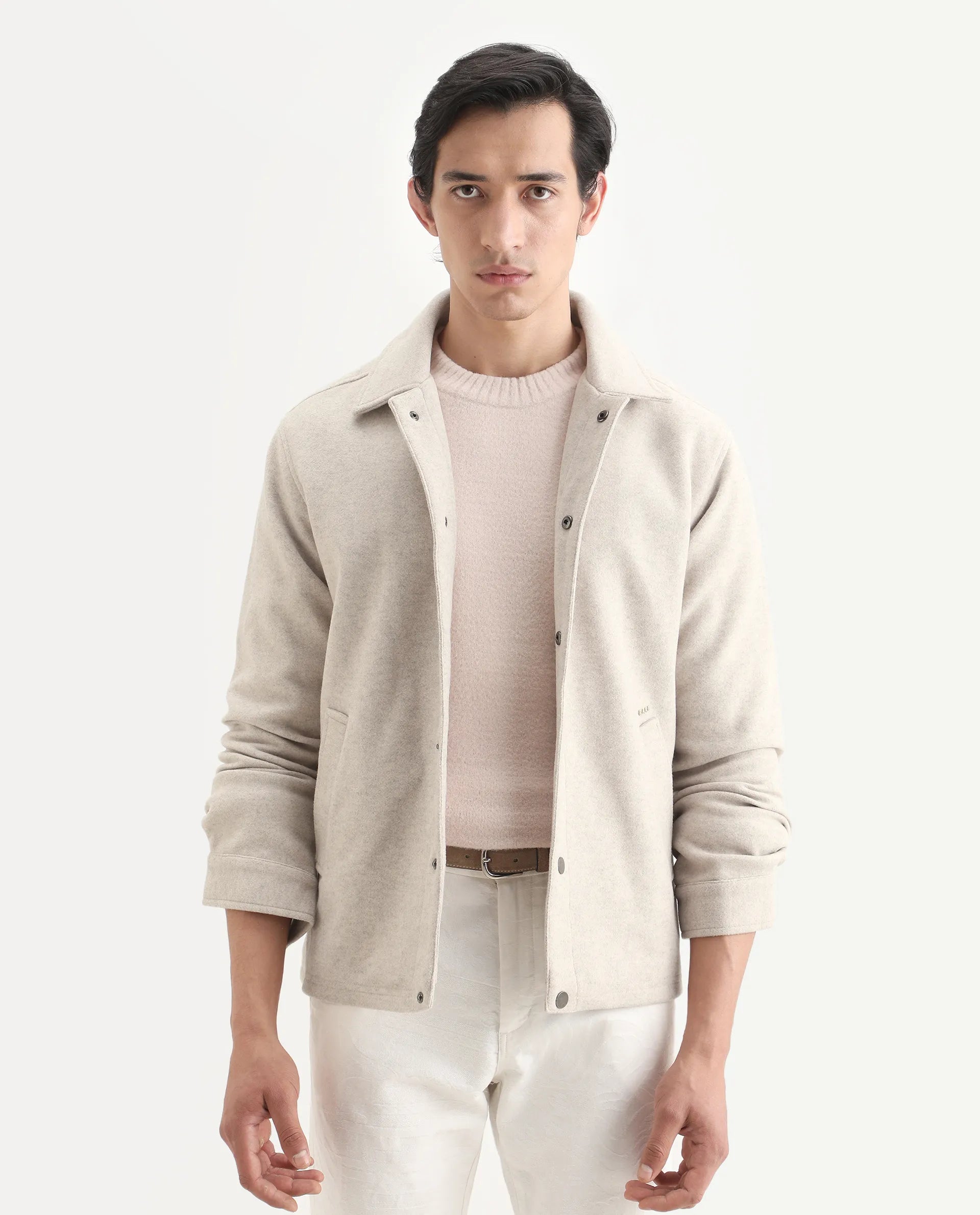 Rare Rabbit Men's Mahu Brown Polyester Fabric Spread Collar Regular Fit Plain Jacket