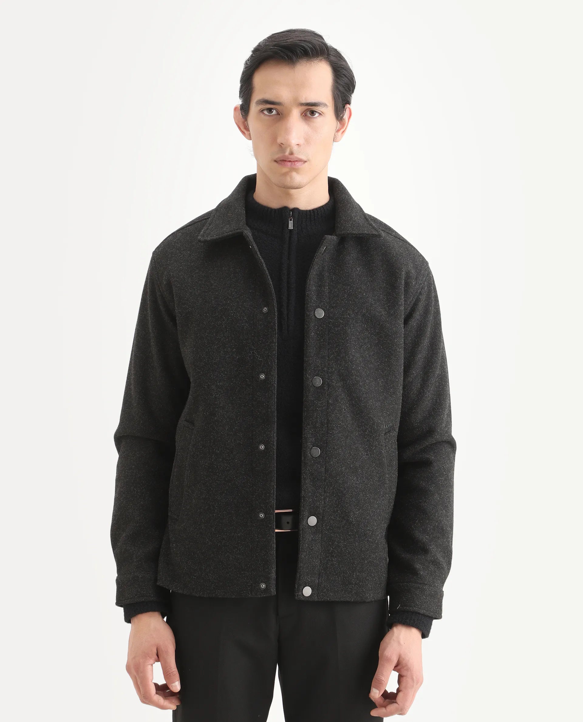 Rare Rabbit Men's Mahu Charcoal Polyester Fabric Spread Collar Regular Fit Plain Jacket