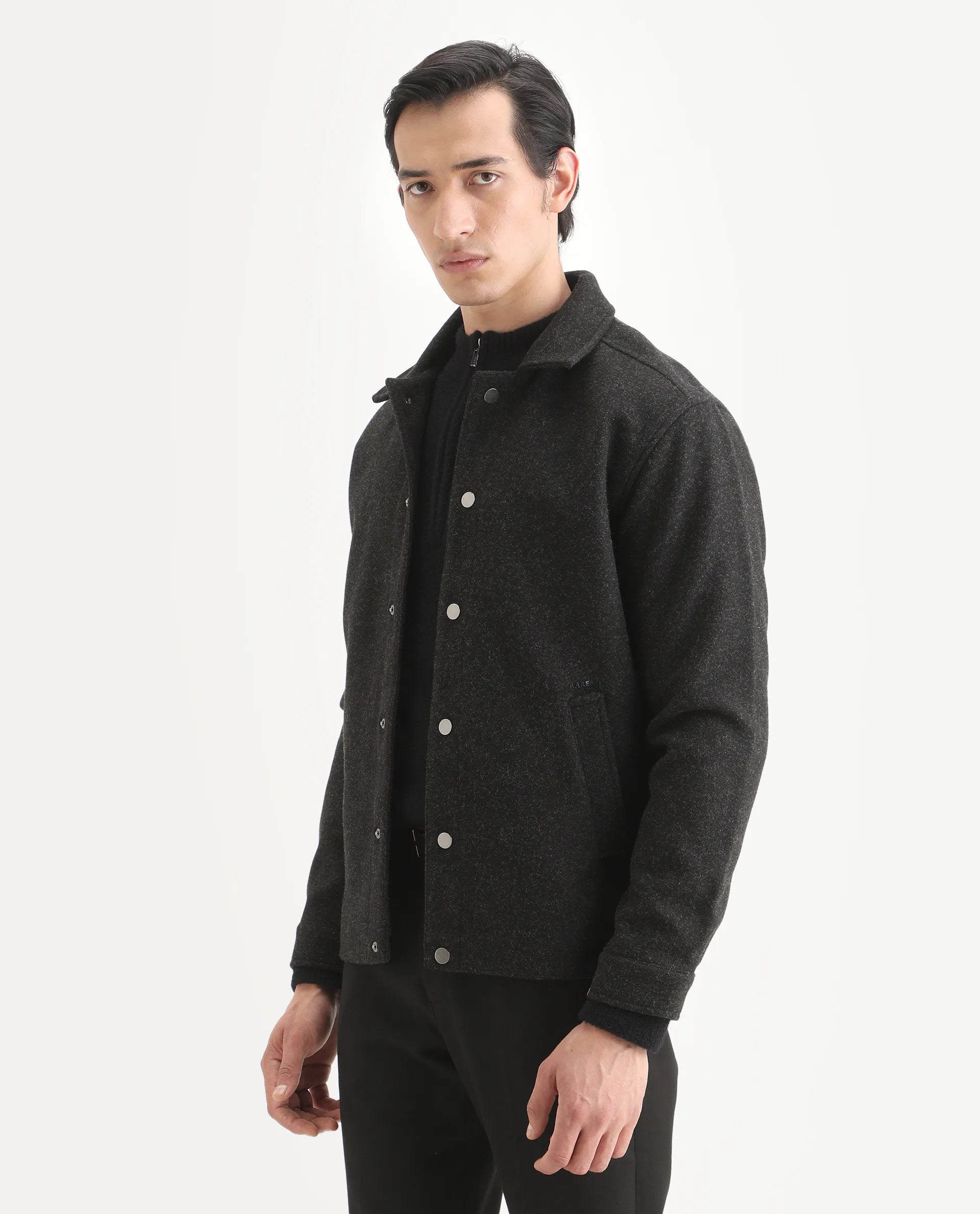 Rare Rabbit Men's Mahu Charcoal Polyester Fabric Spread Collar Regular Fit Plain Jacket