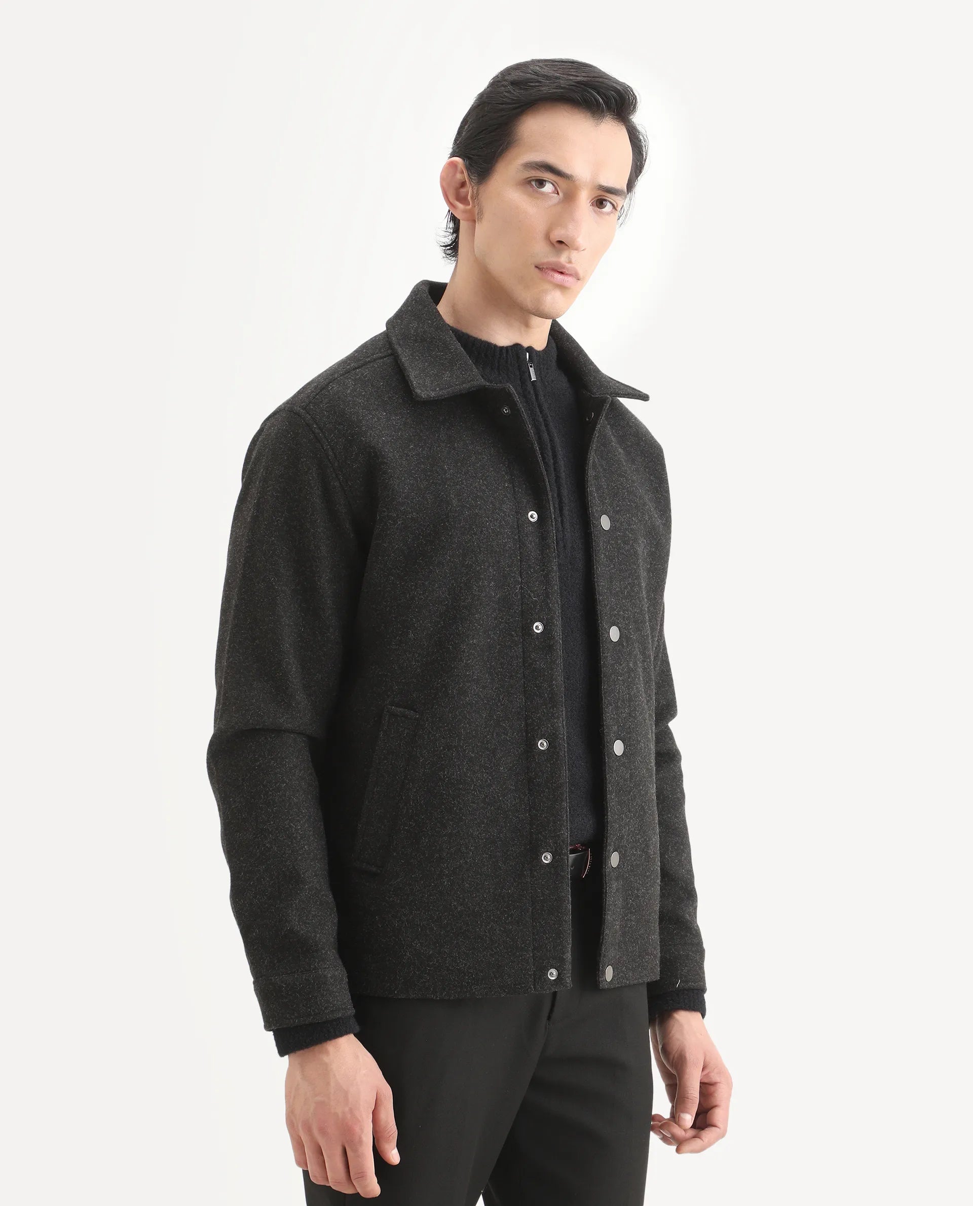 Rare Rabbit Men's Mahu Charcoal Polyester Fabric Spread Collar Regular Fit Plain Jacket