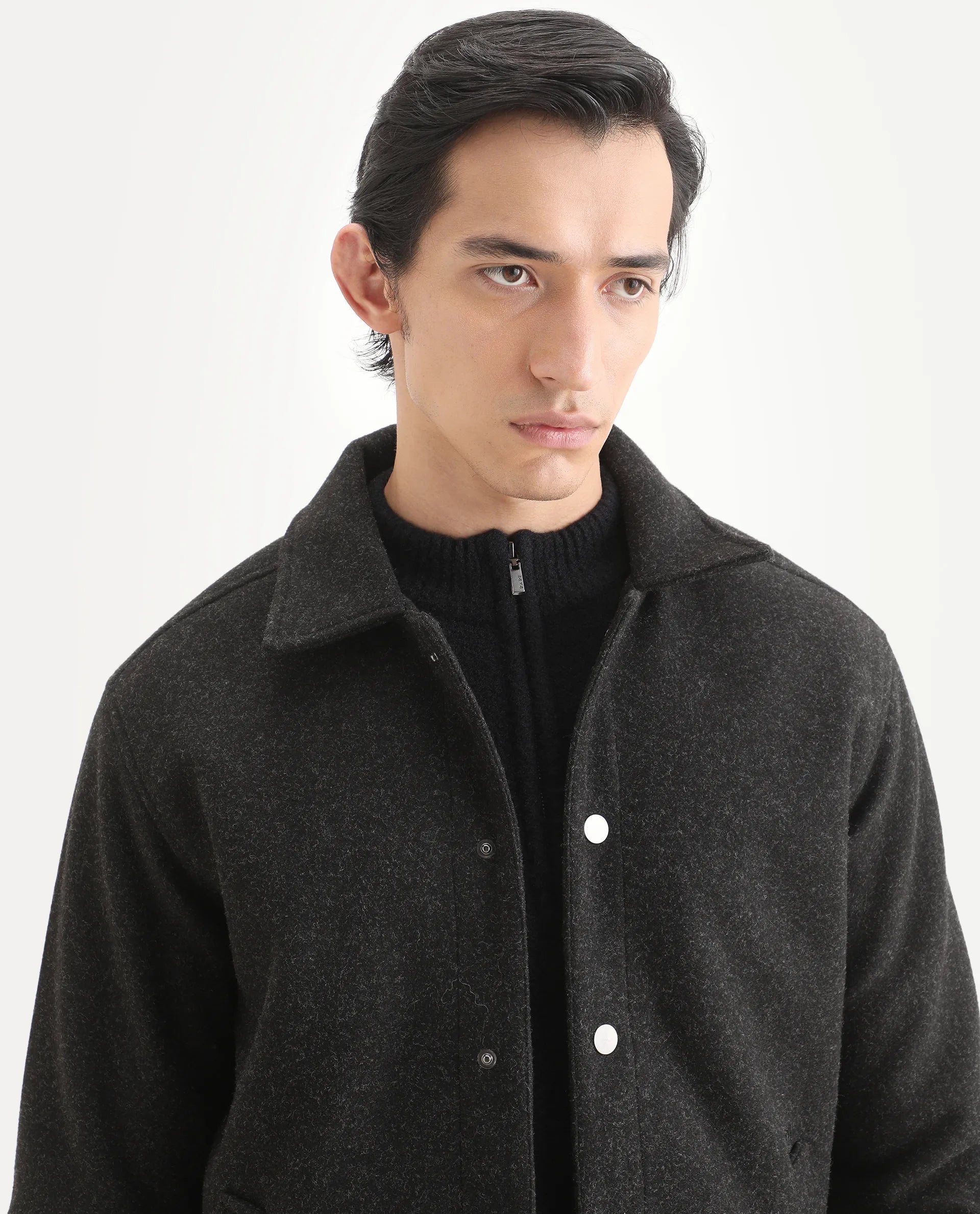 Rare Rabbit Men's Mahu Charcoal Polyester Fabric Spread Collar Regular Fit Plain Jacket