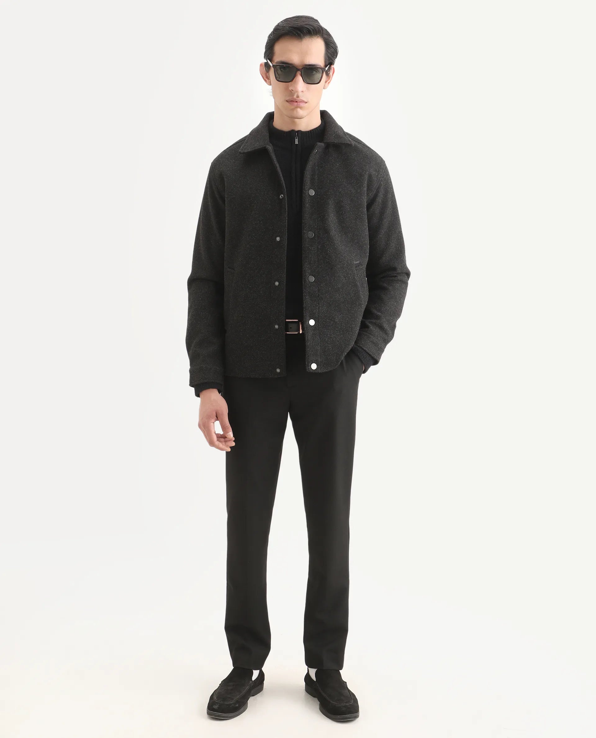 Rare Rabbit Men's Mahu Charcoal Polyester Fabric Spread Collar Regular Fit Plain Jacket
