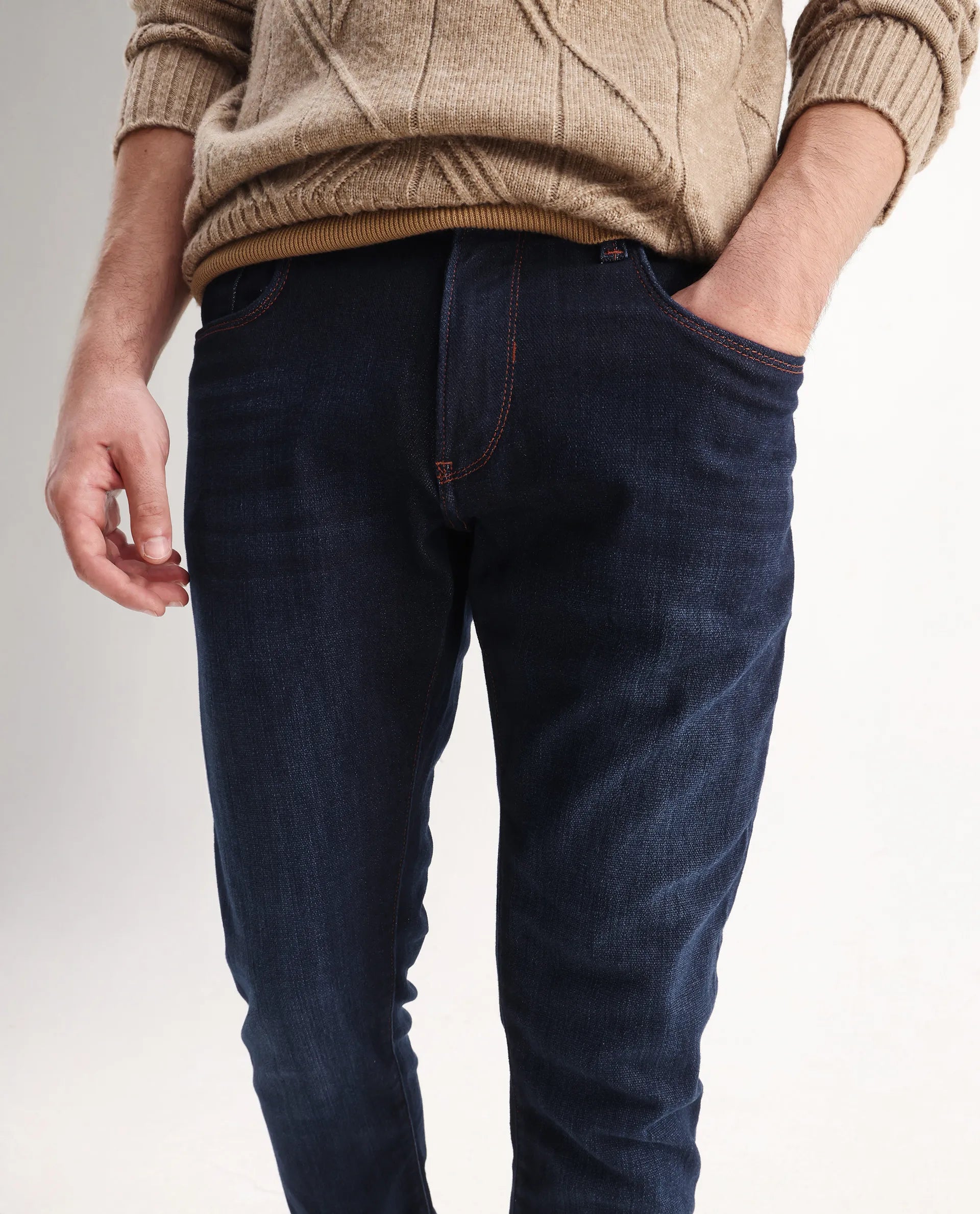 Rare Rabbit Men's Maiden Dark Blue Cotton Blend Plain Hawk Slim Fit Jeans