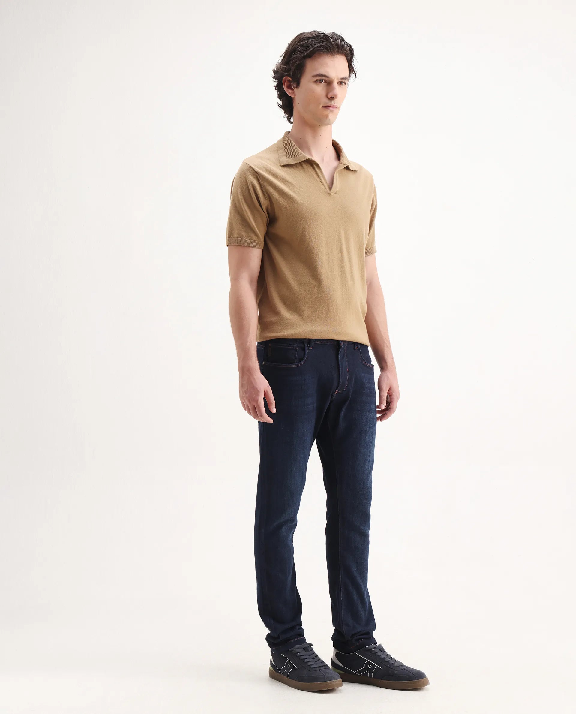 Rare Rabbit Men's Maiden Dark Blue Cotton Blend Plain Hawk Slim Fit Jeans