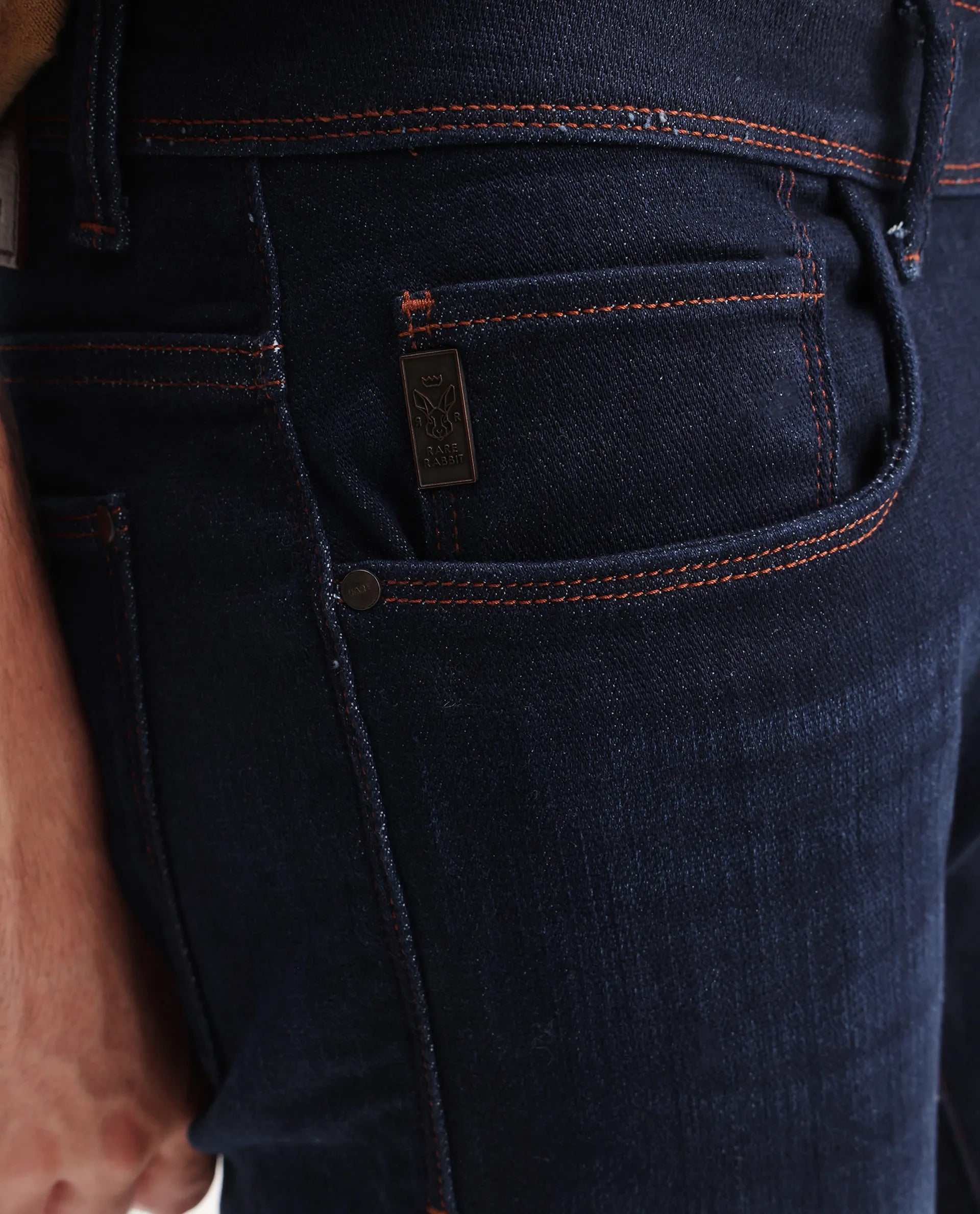 Rare Rabbit Men's Maiden Dark Blue Cotton Blend Plain Hawk Slim Fit Jeans