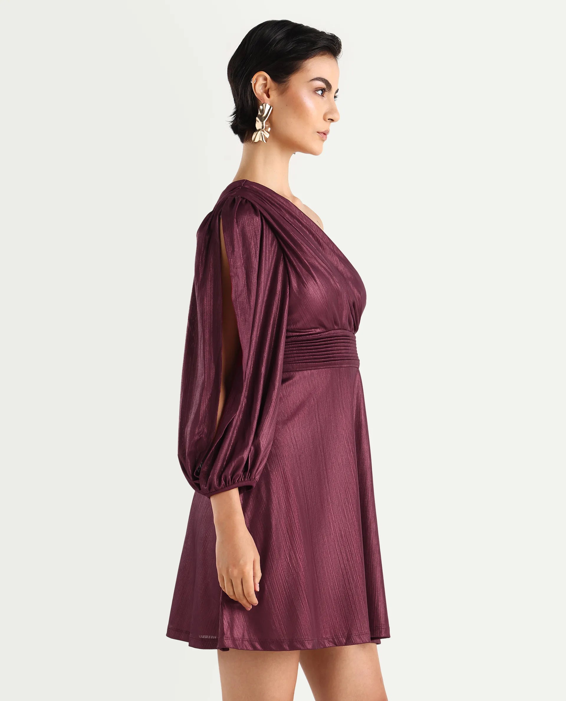 Rareism Women's Maimi Metallic Red Polyester Plain Regular Fit Dress