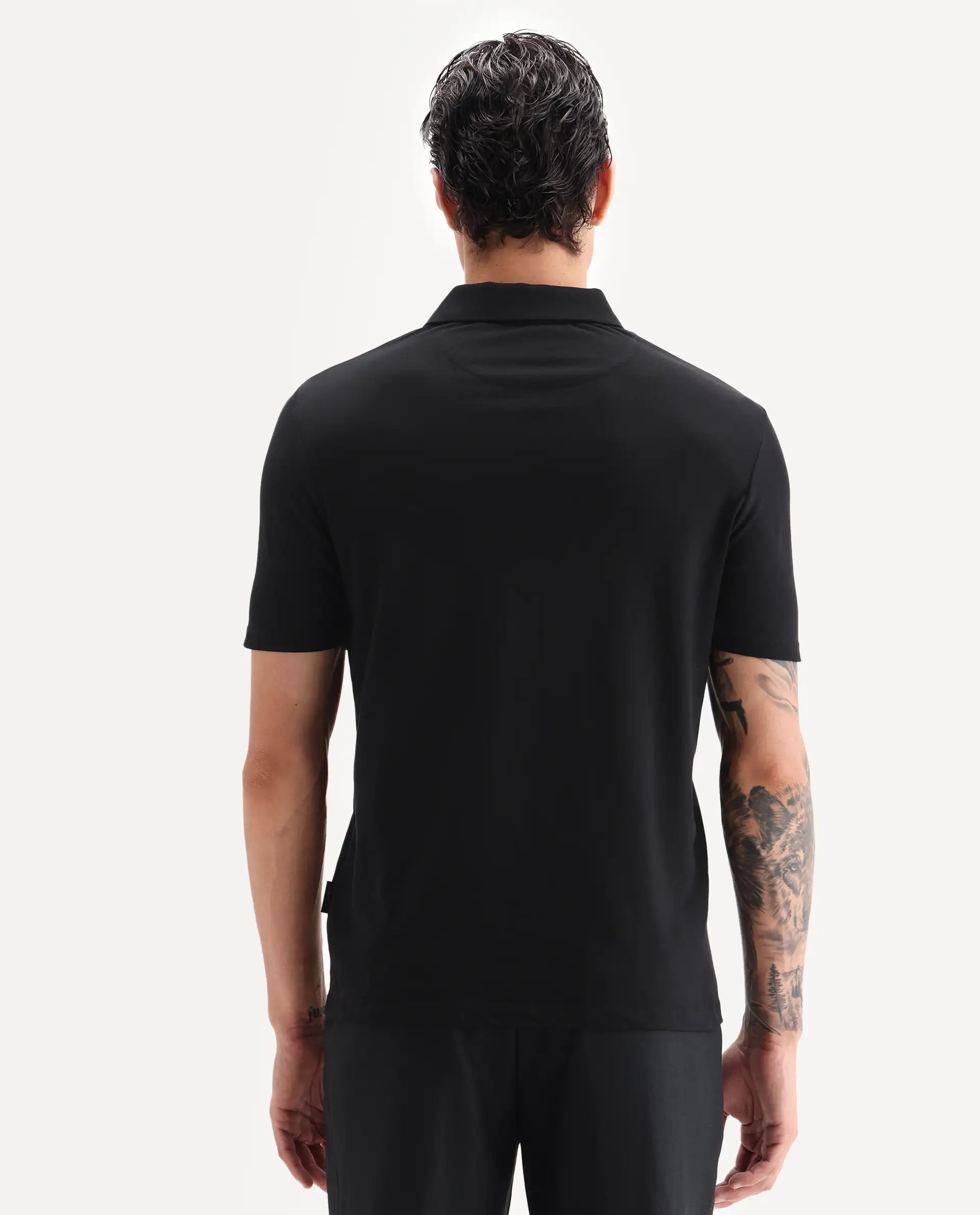 Rare Rabbit Men's Mais Black Cotton Blend Plain Regular Fit Half Sleeve Polo