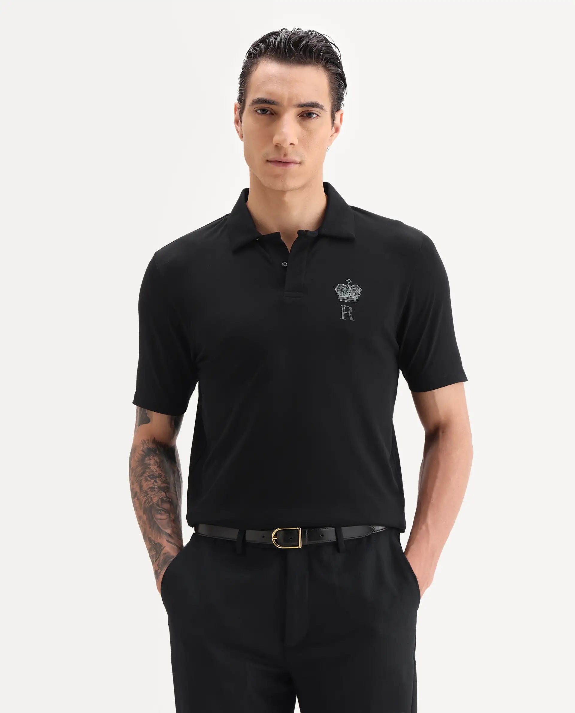 Rare Rabbit Men's Mais Black Cotton Blend Plain Regular Fit Half Sleeve Polo