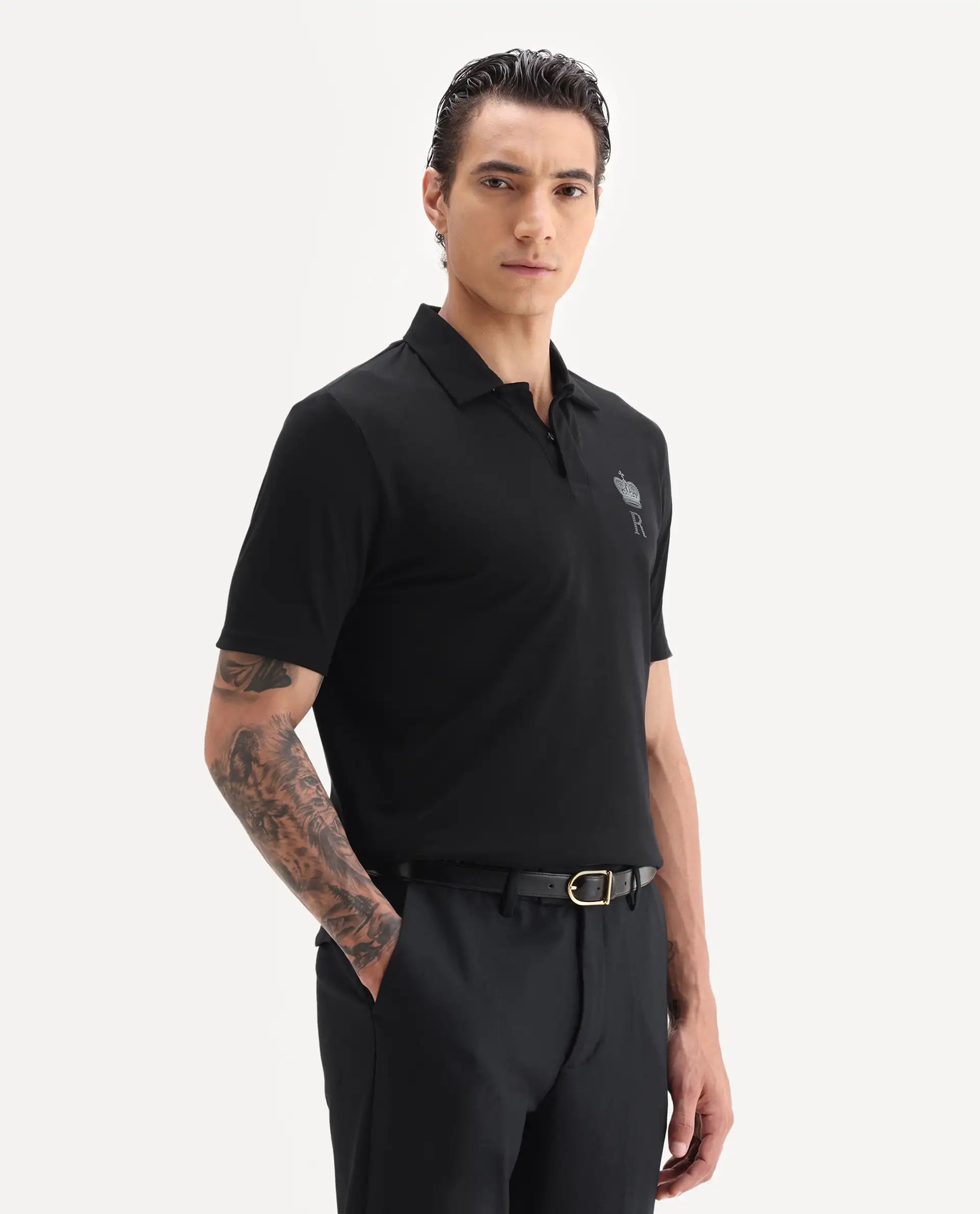 Rare Rabbit Men's Mais Black Cotton Blend Plain Regular Fit Half Sleeve Polo